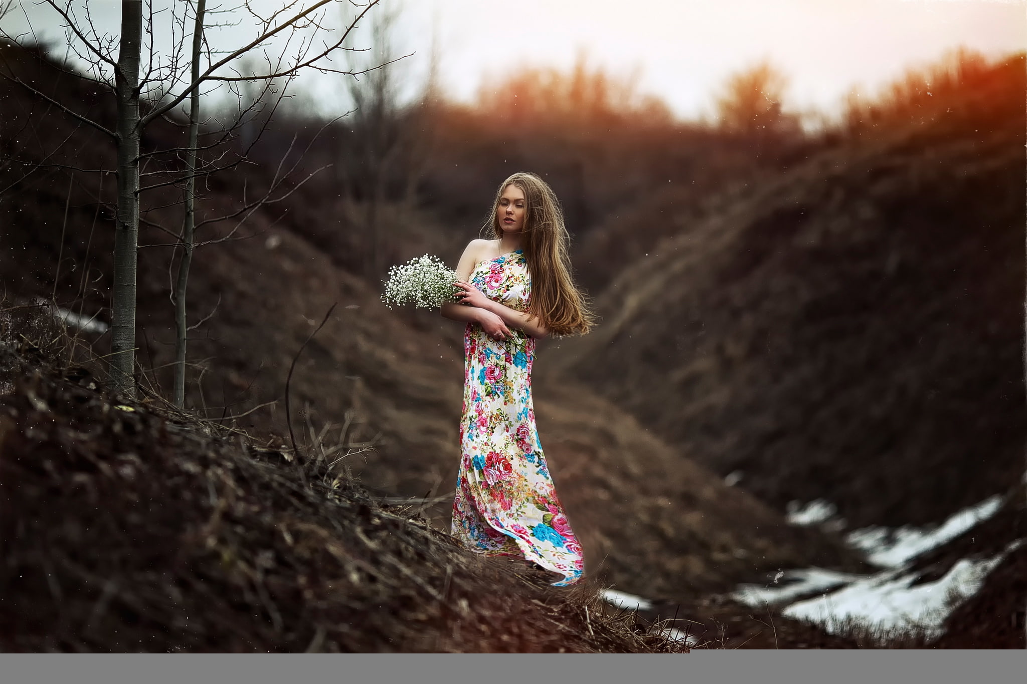 flowers, girl, 1080P, bokeh, nature, Karen Abramyan, the arrival of spring, dress, HD Wallpaper
