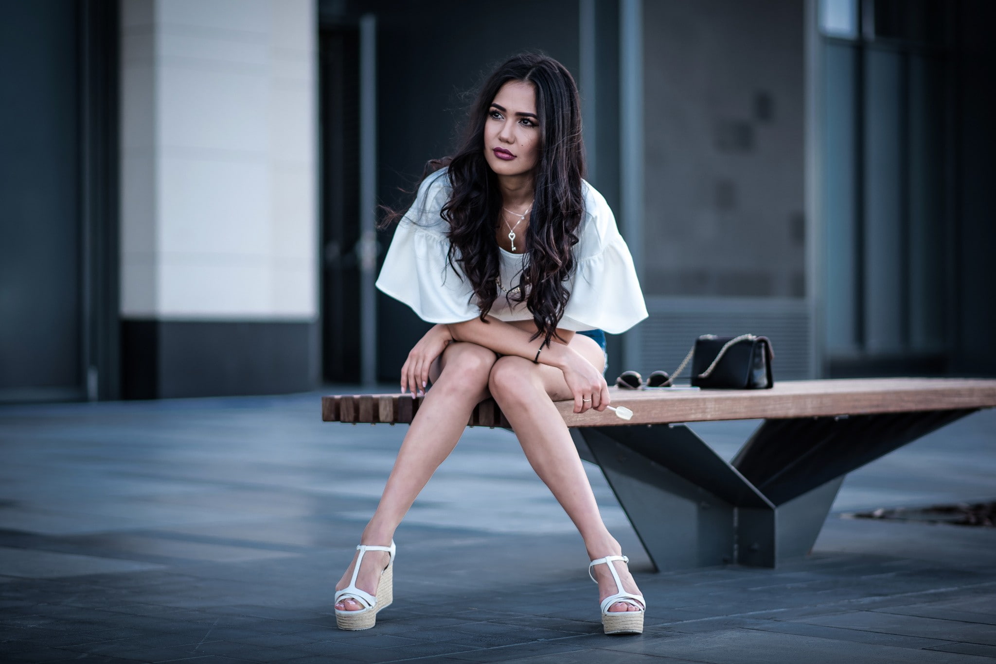 portrait, model, bench, brunette, looking away, 1080P, women, white tops, sitting, high heels, HD Wallpaper