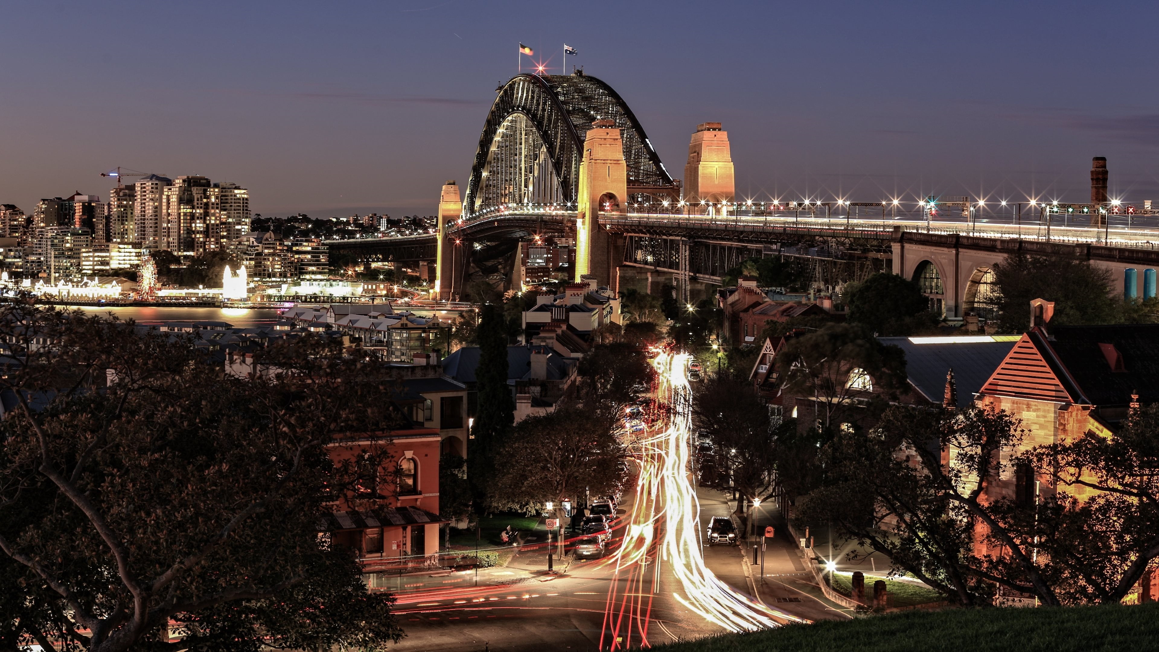 transportation, 4K, light trail, no people, outdoors, motion, travel destinations, tourist attraction, sydney, ausralia, long exposure, evening, built structure, HD Wallpaper