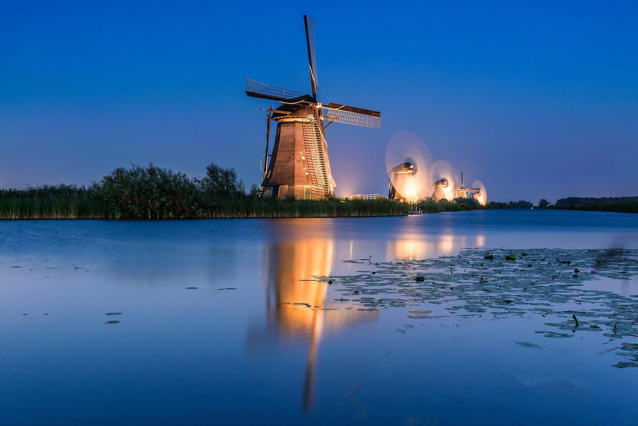 Kinderdijk, night, 1080P, channel, Netherlands, windmill, lights, HD Wallpaper