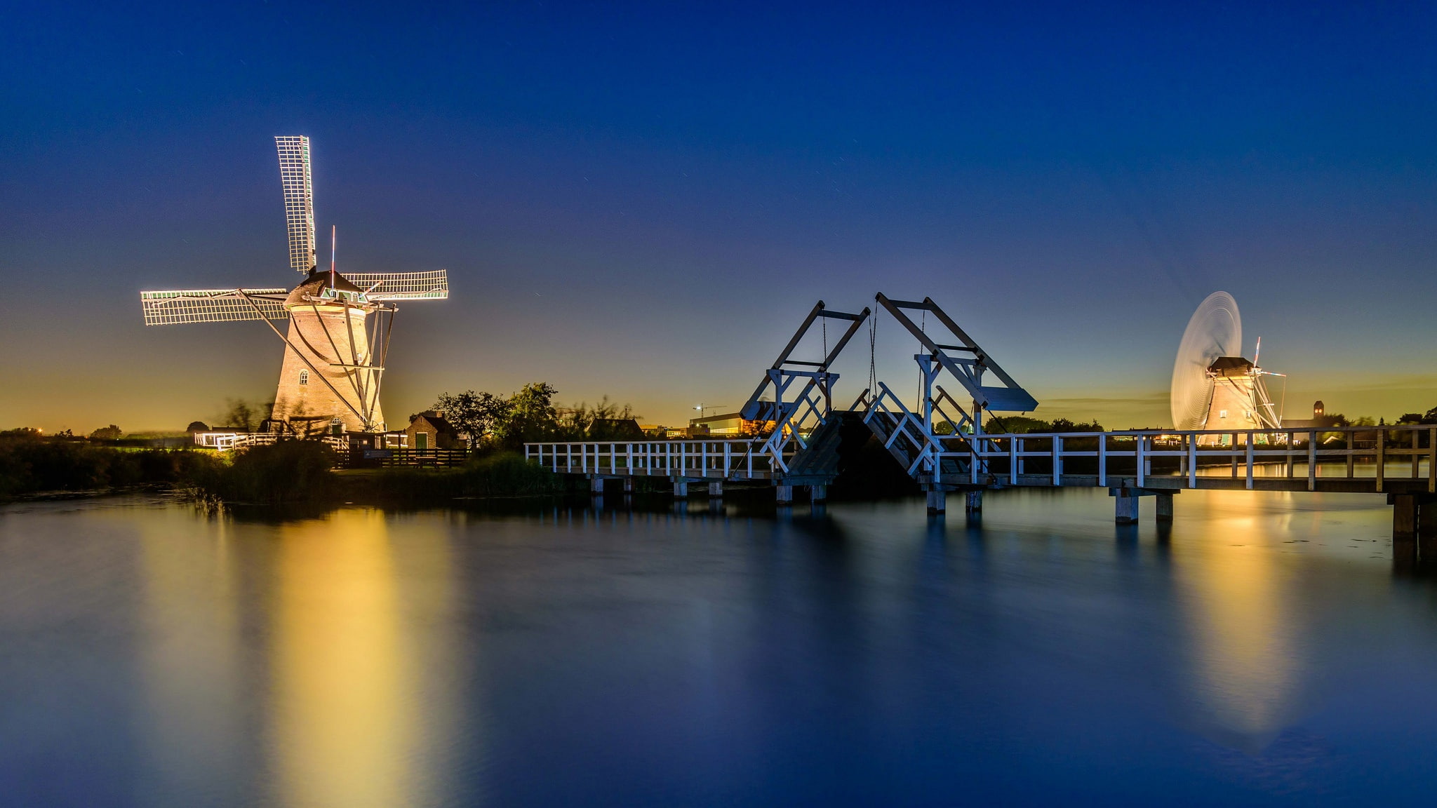 channel, night, Netherlands, bridge, lights, windmill, Kinderdijk, 1080P, HD Wallpaper