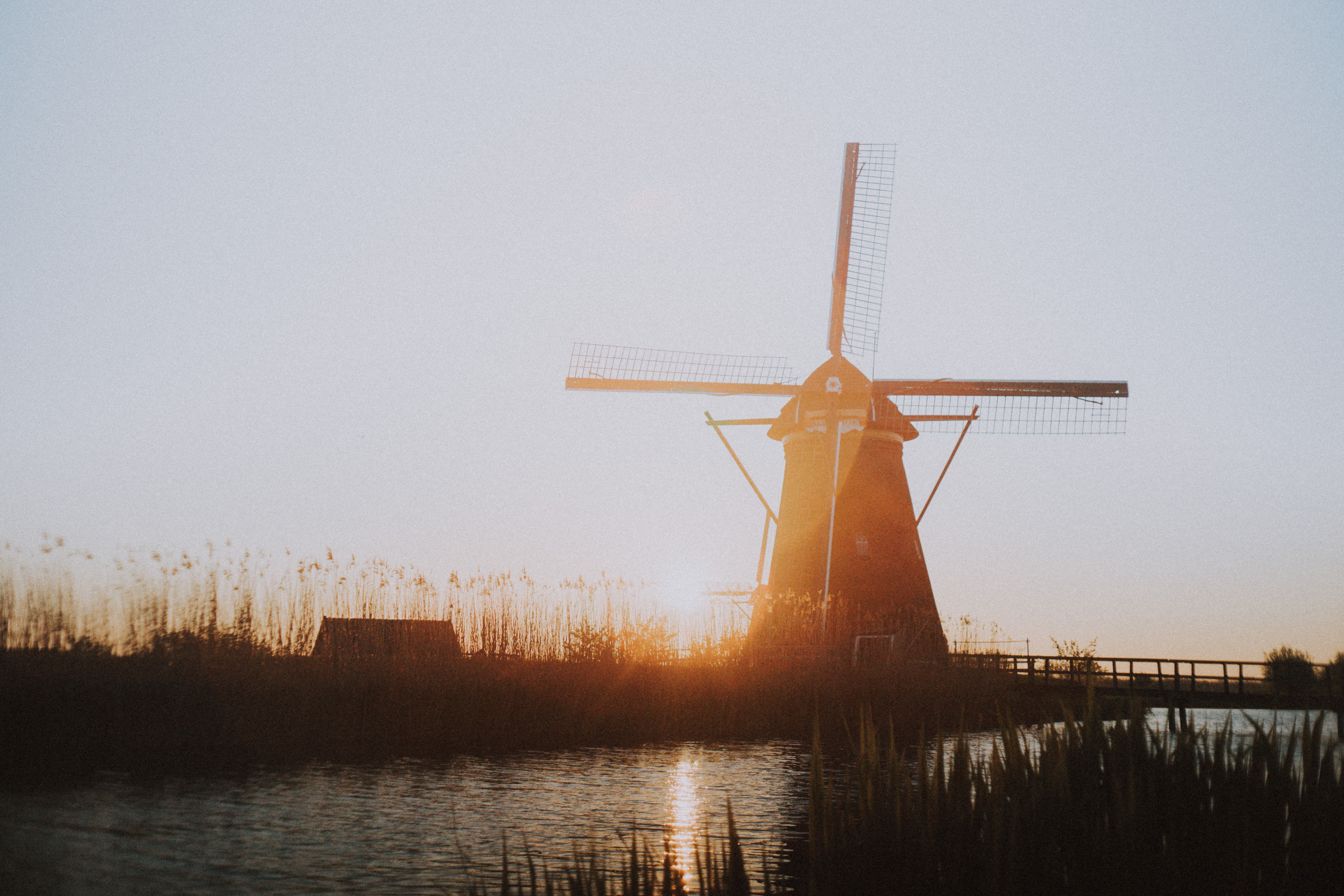 wind power, netherland, time, lake, sunrise, water, sky, rural Scene, outdoors, landscape, kinderdijk, no people, travel, park, environment, architecture, HD Wallpaper