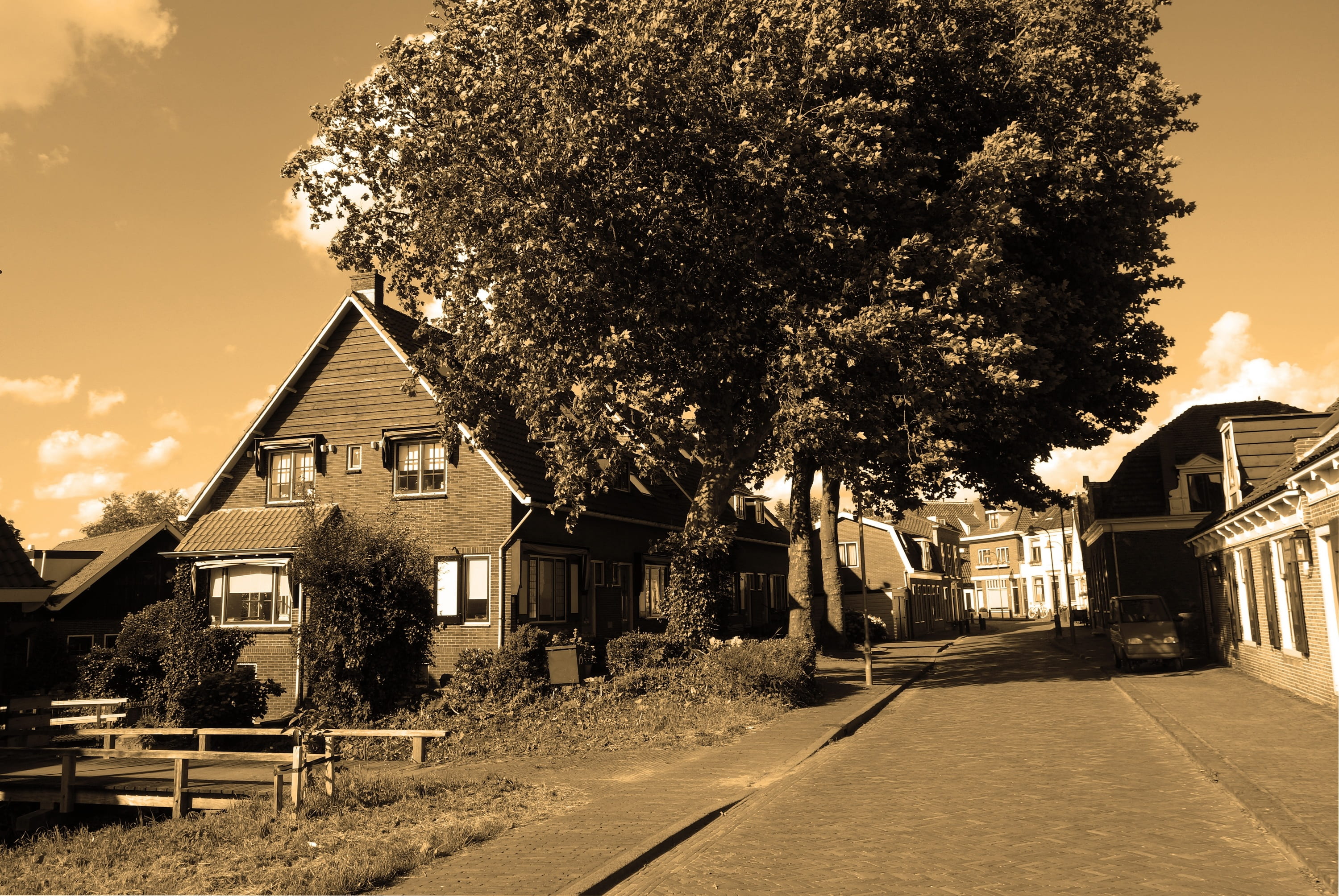 built structure, growth, direction, street, road, city, sky, netherlands, diminishing perspective, plant, ouderkerk aan de amstel, village, building, dutch village, HD Wallpaper