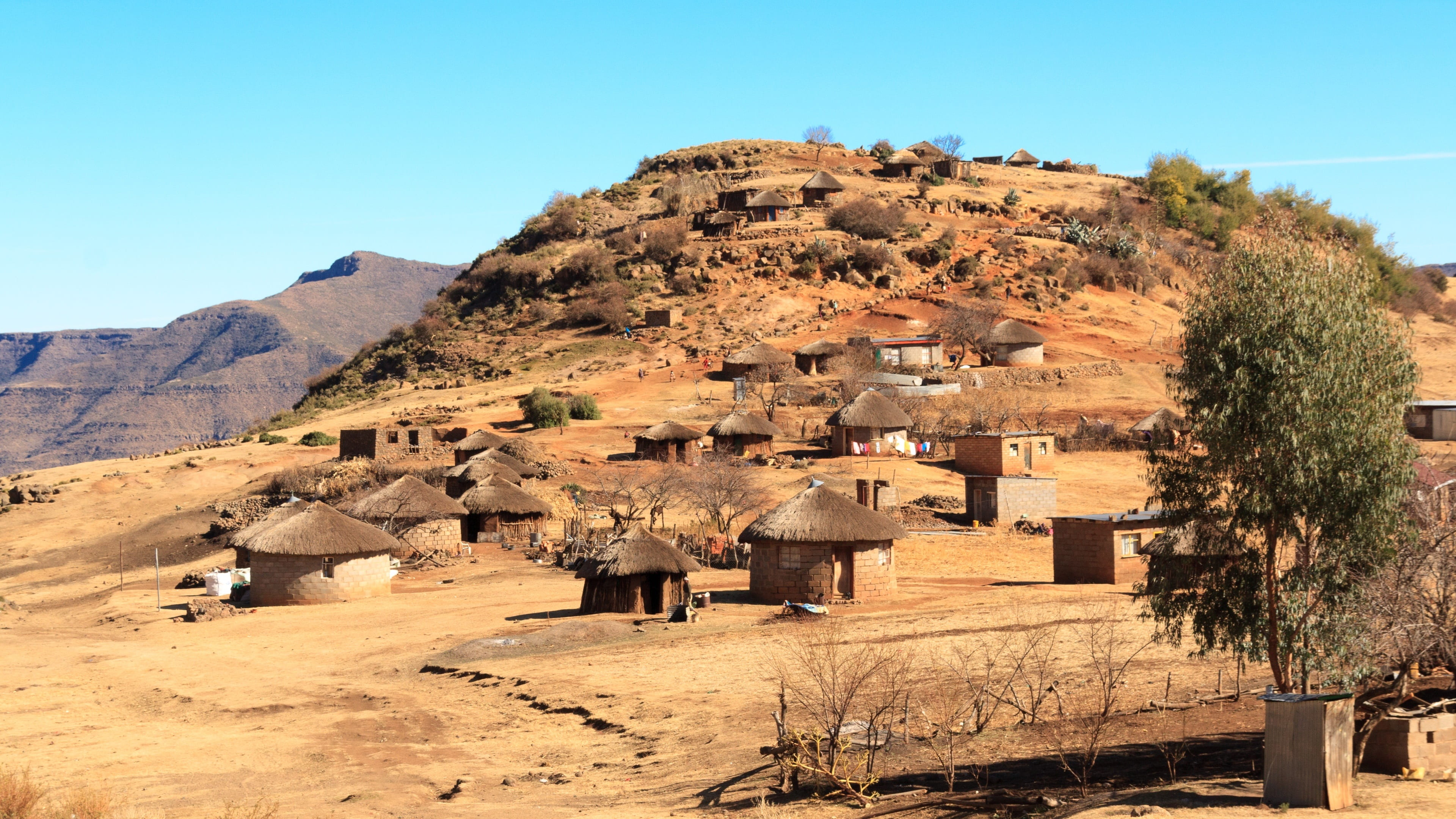 no people, land, house, mountain, building, 4K, village, history, africa, desert, clear sky, day, landscape, nature, building exterior, architecture, blue, HD Wallpaper