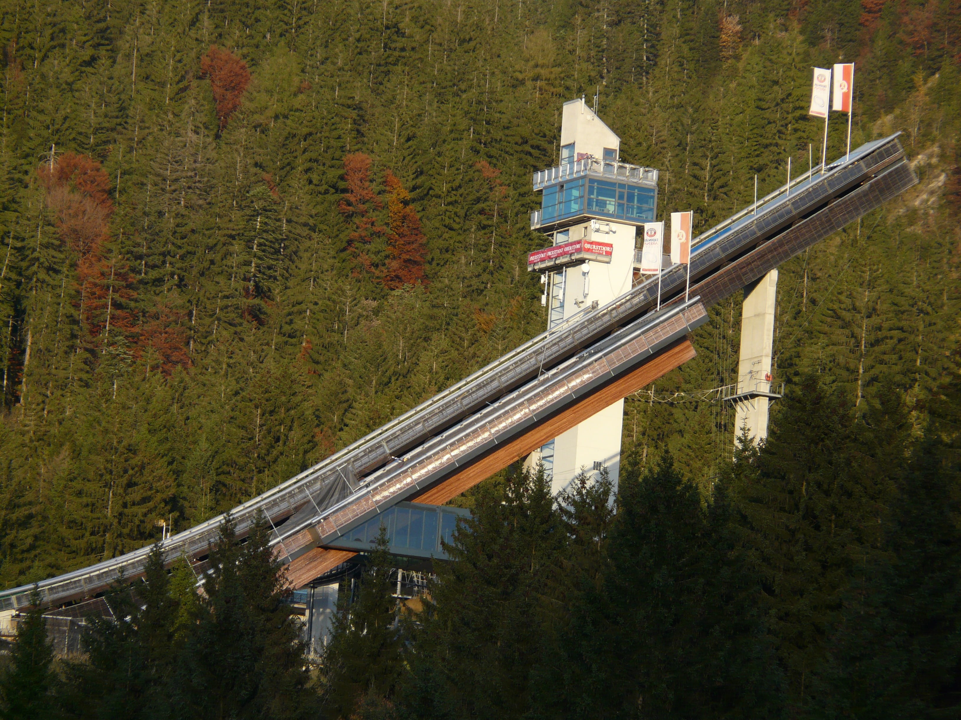 plant, train, connection, hills tower, mountainside, outdoors, public transportation, oberstdorf, ski jumping sport, forest, steep, green color, building exterior, HD Wallpaper