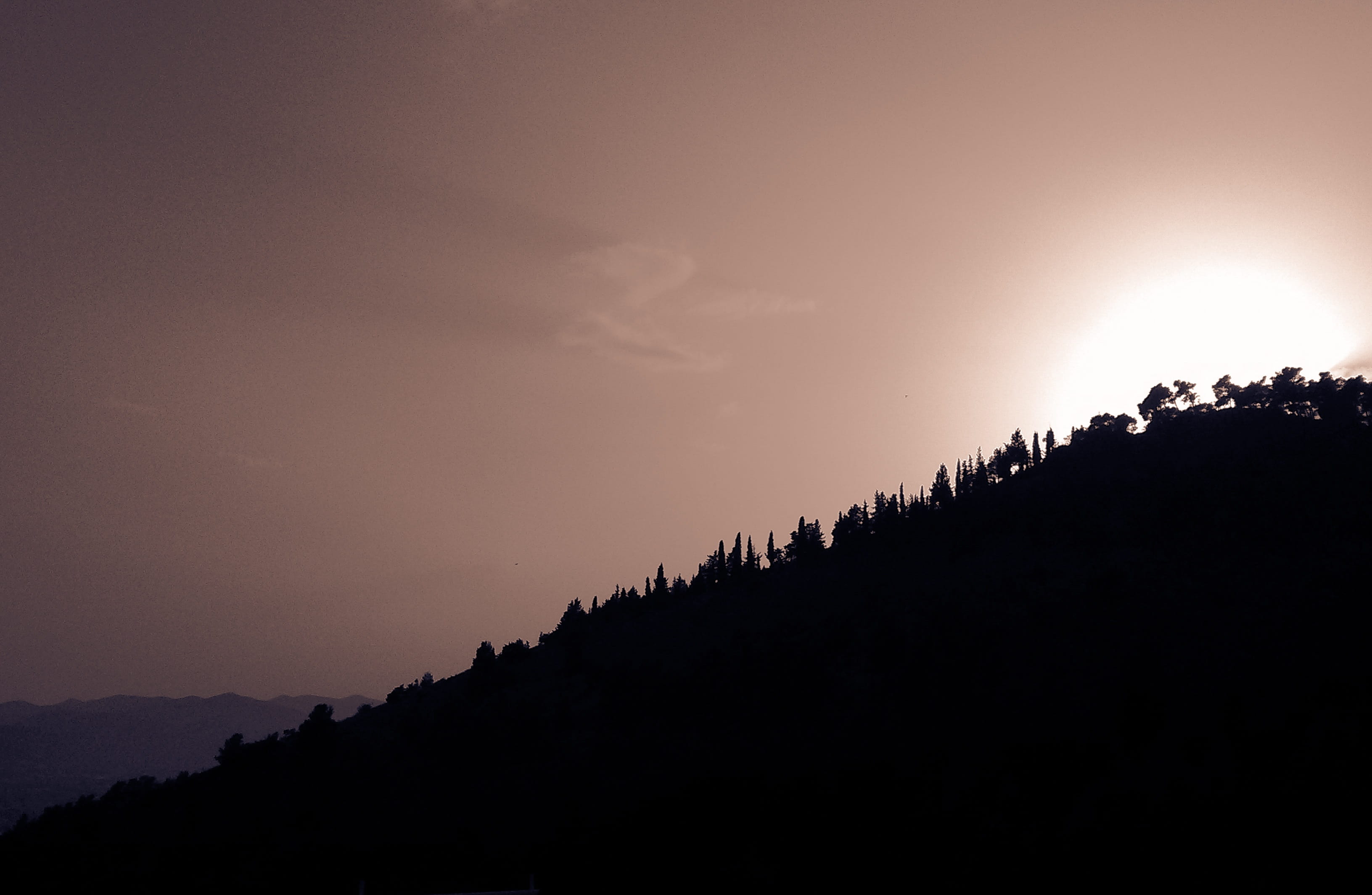 photo, Greece, mountain peak, beauty in nature, outdoors, night, dusk, sunset, nature, plant, scenics, tree, trees, forest, non-urban scene, public domain, HD Wallpaper