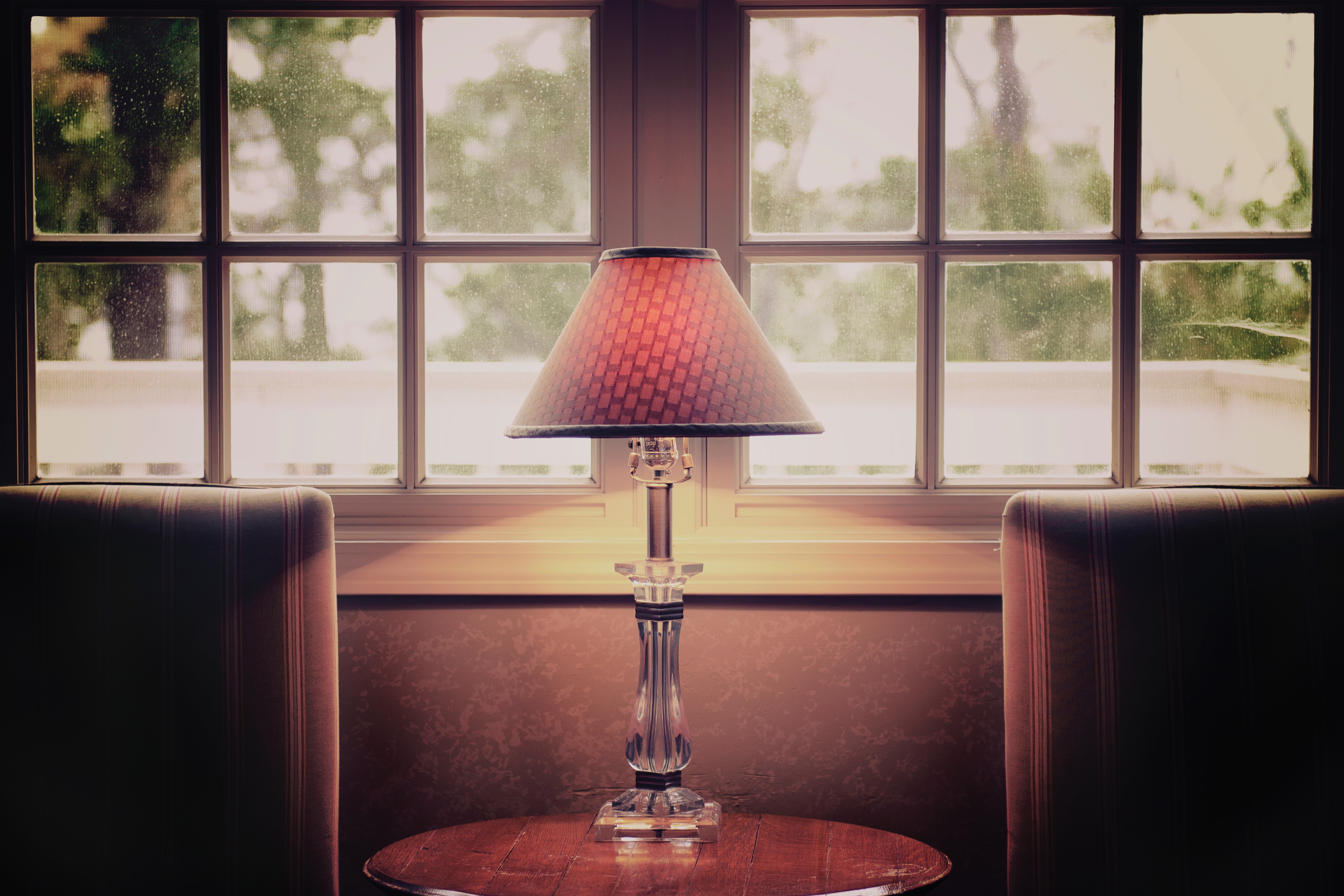 lamp, close-up, lighting equipment, table, window, torch lamp, indoors, glass, domestic room, glass - material, chair, torchere, clear, furniture, home interior, HD Wallpaper
