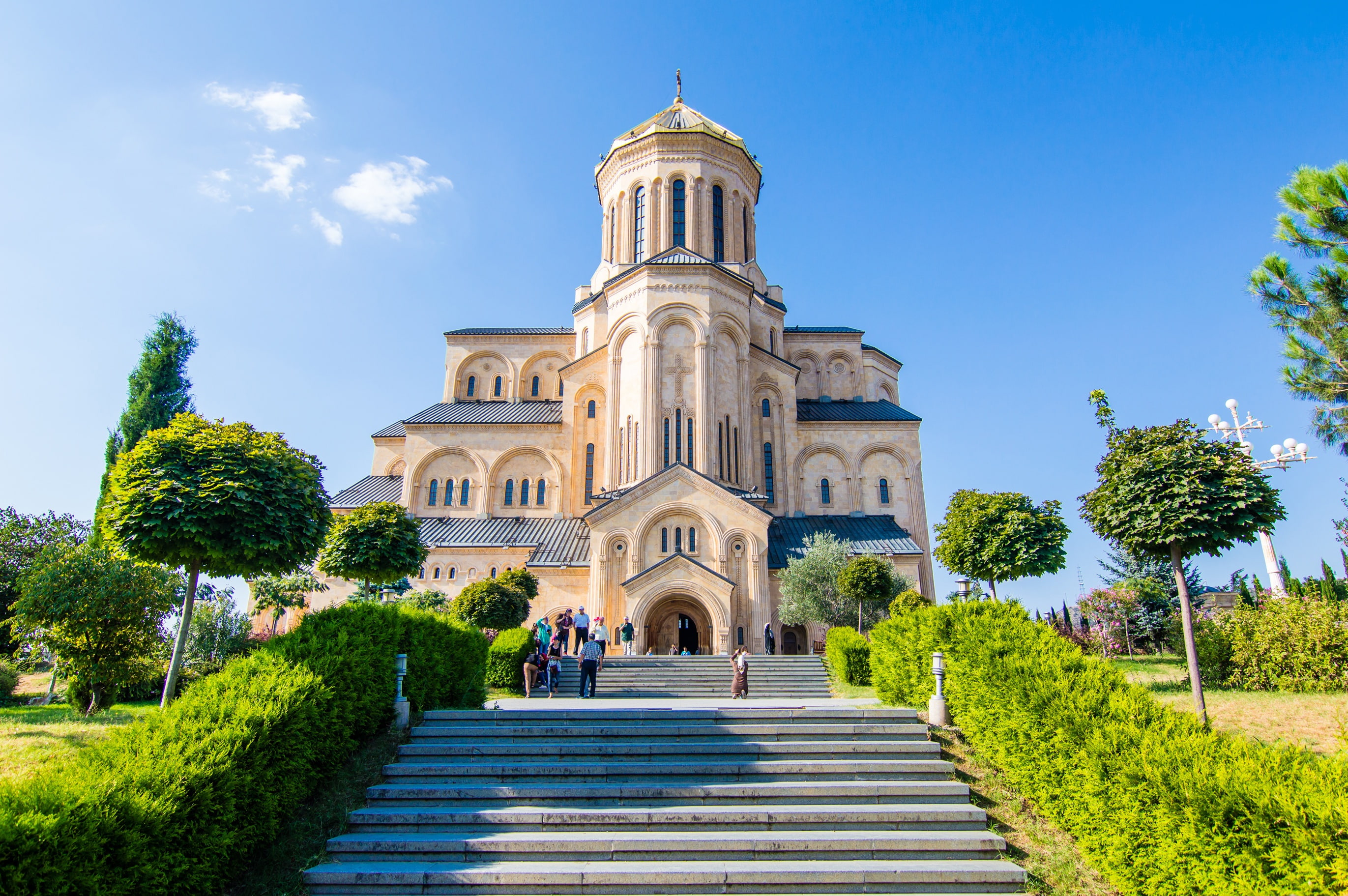the sun, Georgia, trees, the sky, stage, the bushes, temple, 2K, greens, Tbilisi, ladder, HD Wallpaper