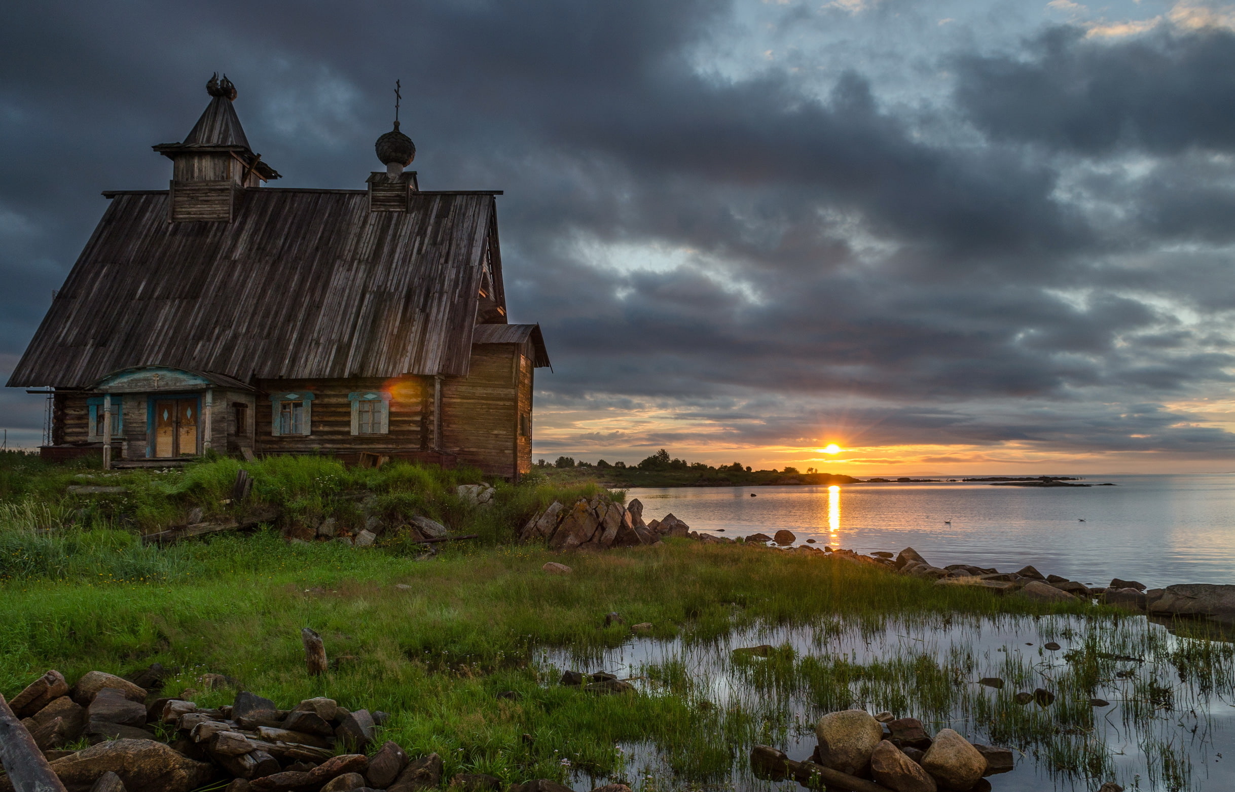 no people, brown, the sun, tranquility, dawn, grass, clouds, architecture, plant, built structure, temple, sunset, building, water, beauty in nature, land, HD Wallpaper