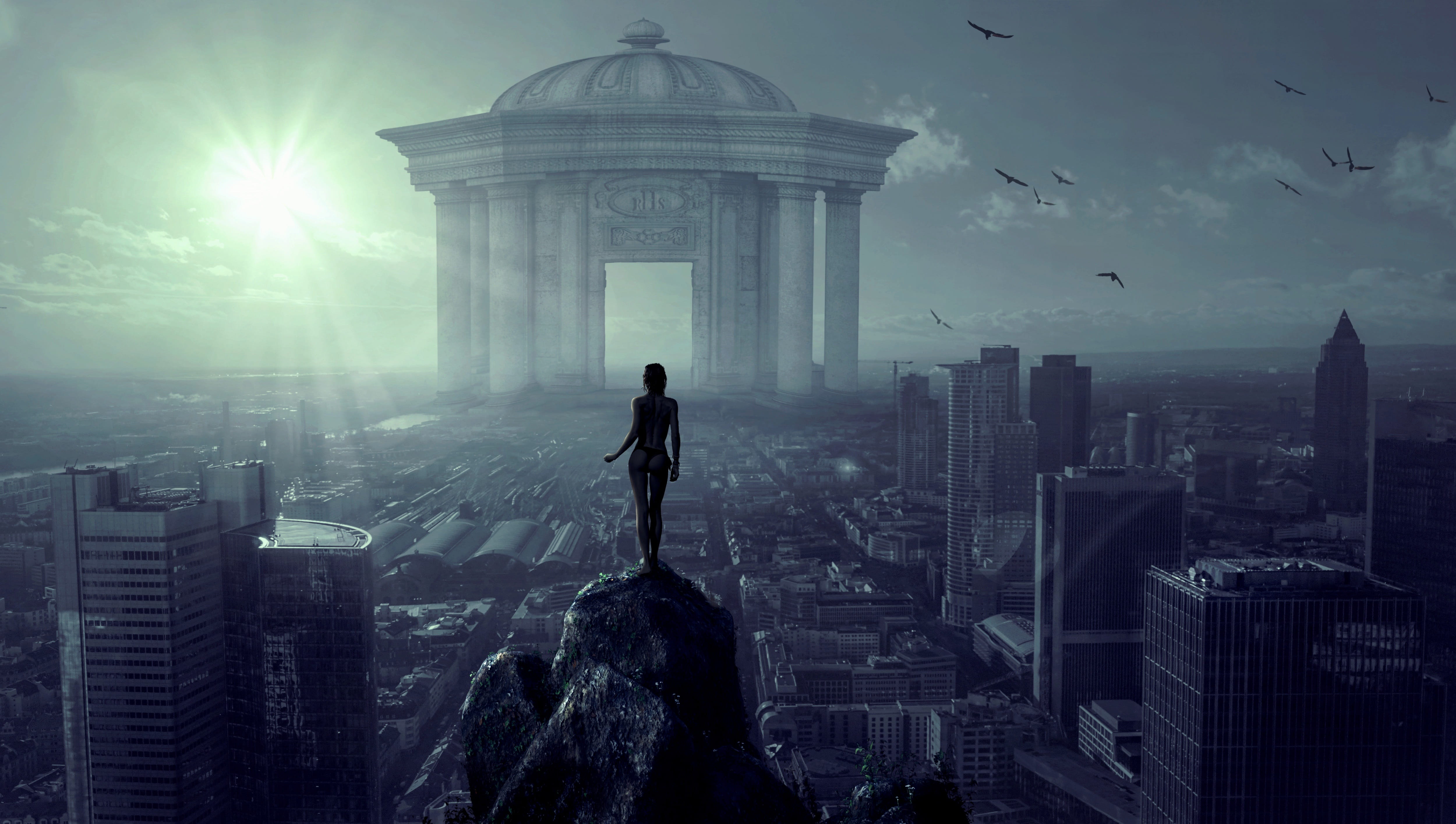 office, composing, mood, modern, futuristic, tower, wide, building, surreal, temple, 4K, digital composite, travel destinations, atmosphere, building exterior, HD Wallpaper