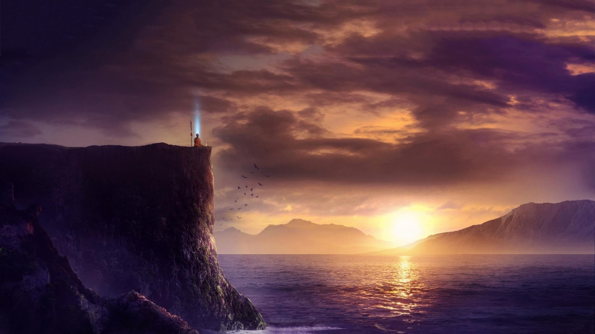 1080P, artwork fantasy art monk monks meditation landscape sunset sun sea hill cliff, HD Wallpaper