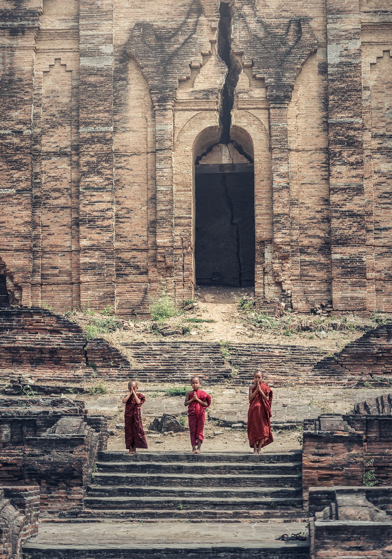 group of people, temple, place of worship, building exterior, construction, kid, monk, men, human, staircase, spirituality, little, rear view, real people, Phone HD Wallpaper