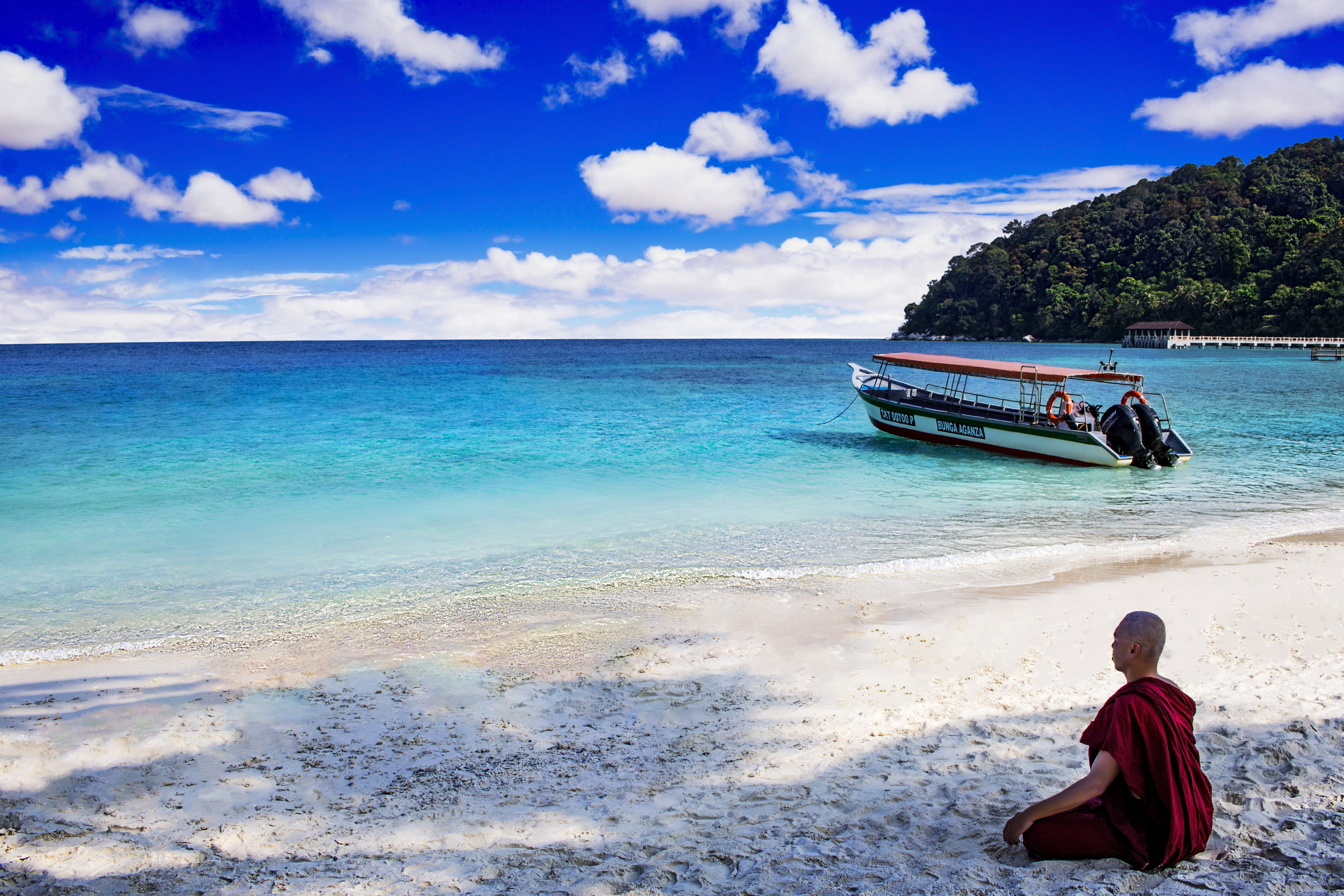 monk at beach, travel, man, 5K, beach, scenics - nature, outdoors, cloud - sky, looking at view, daytime, sky, land, tranquility, sea, transportation, HD Wallpaper