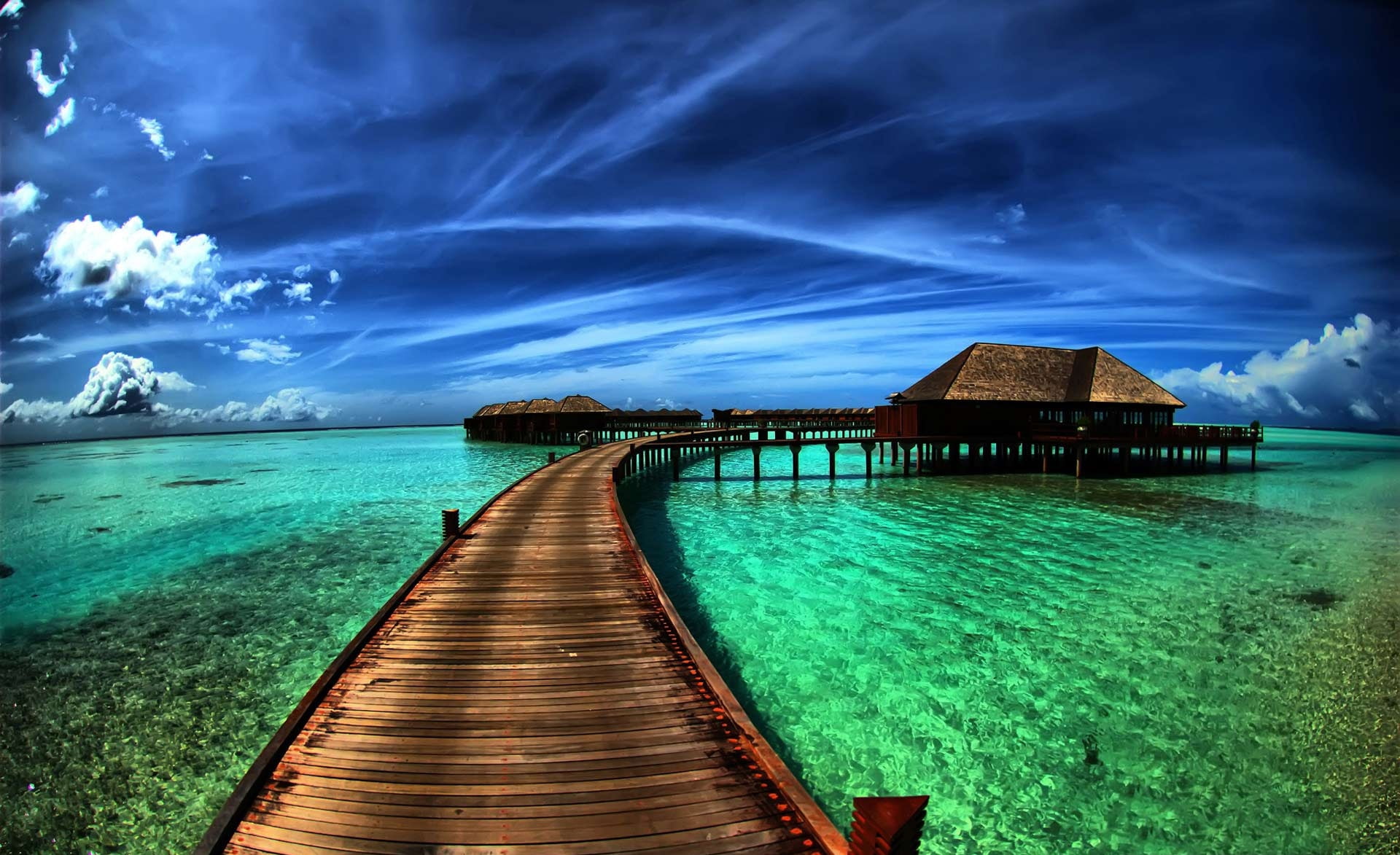 scenics - nature, architecture, Creative, idyllic, Bungalows, outdoors, no people, jetty, Ocean, turquoise colored, horizon over water, beauty in nature, HD Wallpaper