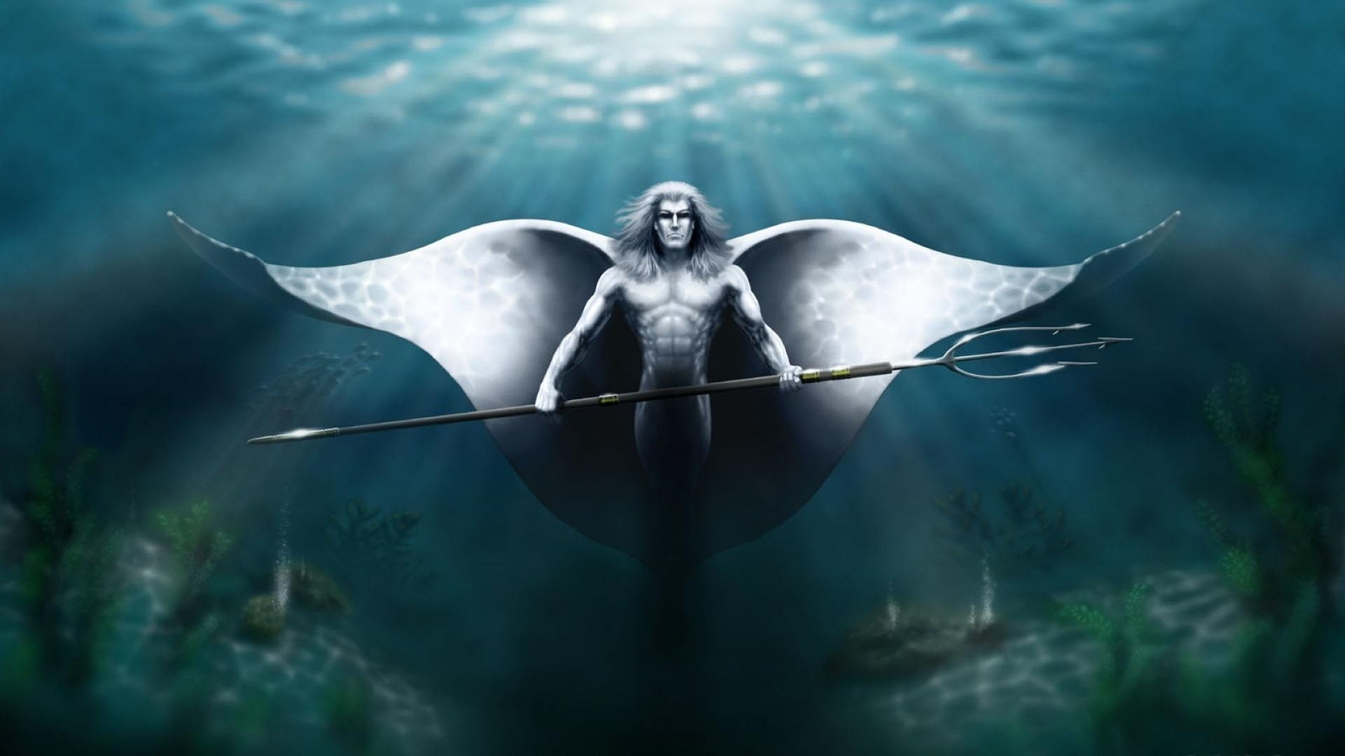 angel, animals in the wild, Fantasy, 1080P, front view, one person, nature, Poseidon, water, digital composite, full length, animal wildlife, young adult, HD Wallpaper