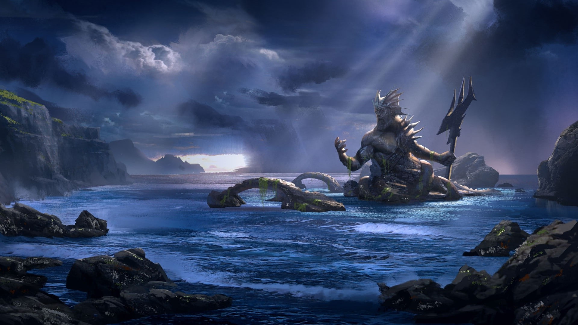 sea, sky, water, 1080P, beauty in nature, land, flowing water, rock, power in nature, splashing, rock - object, motion, solid, storm, cloud - sky, god of war, HD Wallpaper