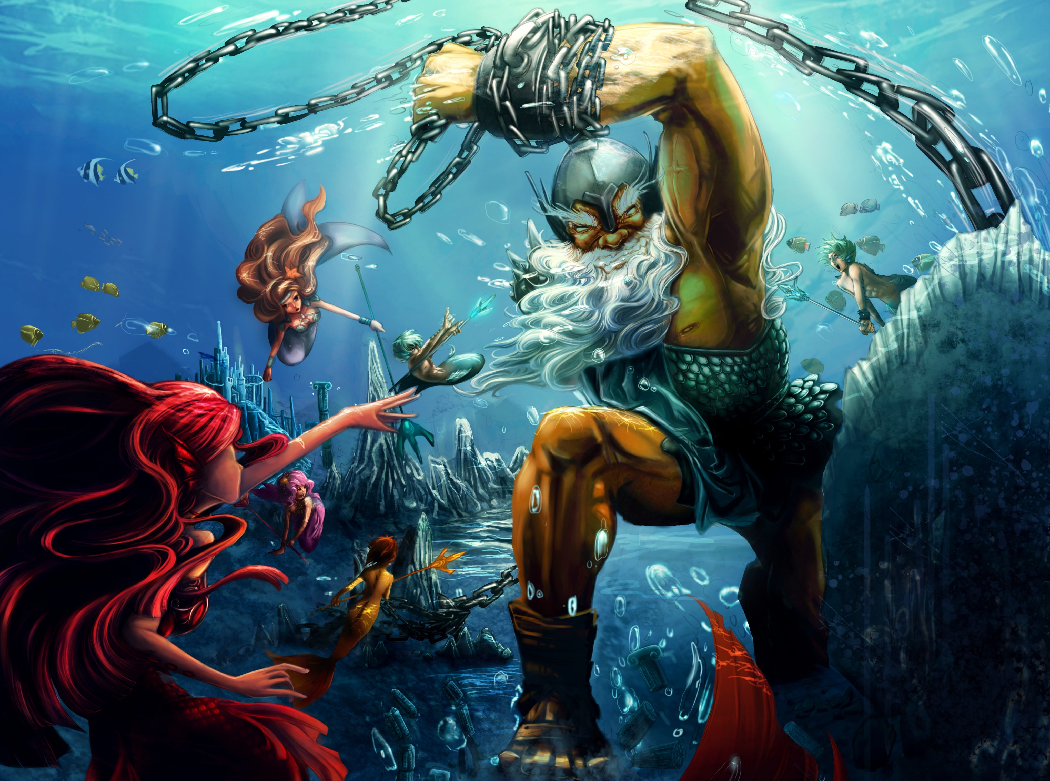 warrior, marine, animal themes, animals in the wild, tank, swimming, 4K, illustration, large group of animals, undersea, animal wildlife, sea, fish, nature, HD Wallpaper