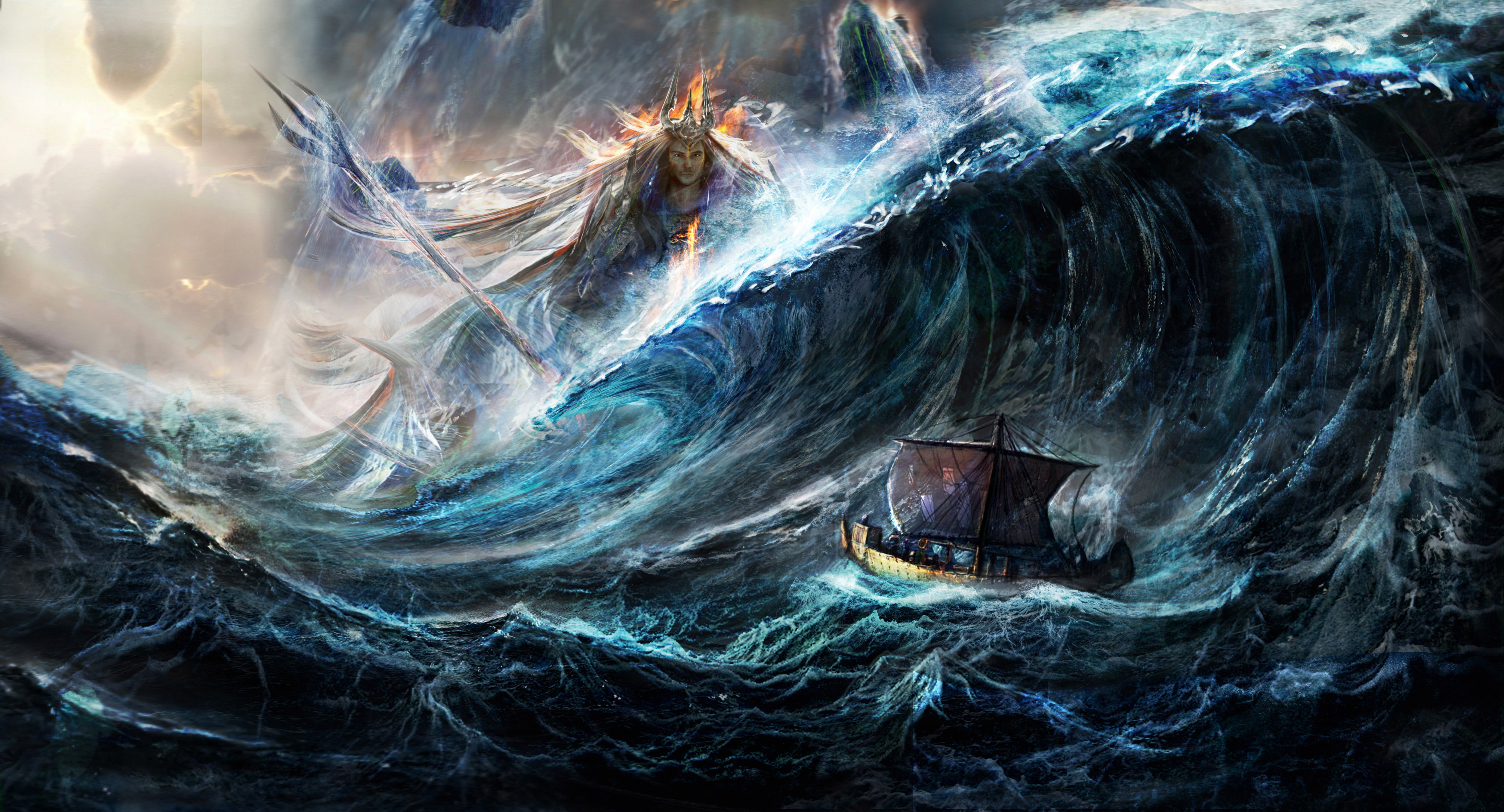 wave, ocean, boat, 4K, poseidon, diety, HD Wallpaper