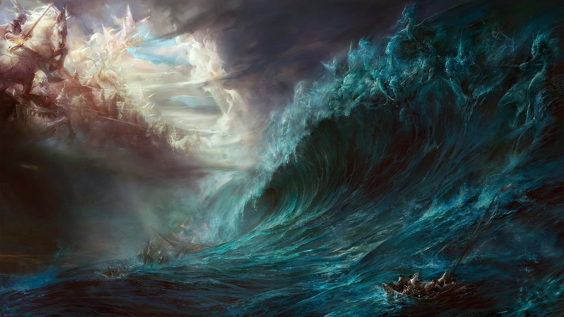 fantasy art, gods, artwork, waves, 1080P, Dehong He, boat, sea, battle, HD Wallpaper
