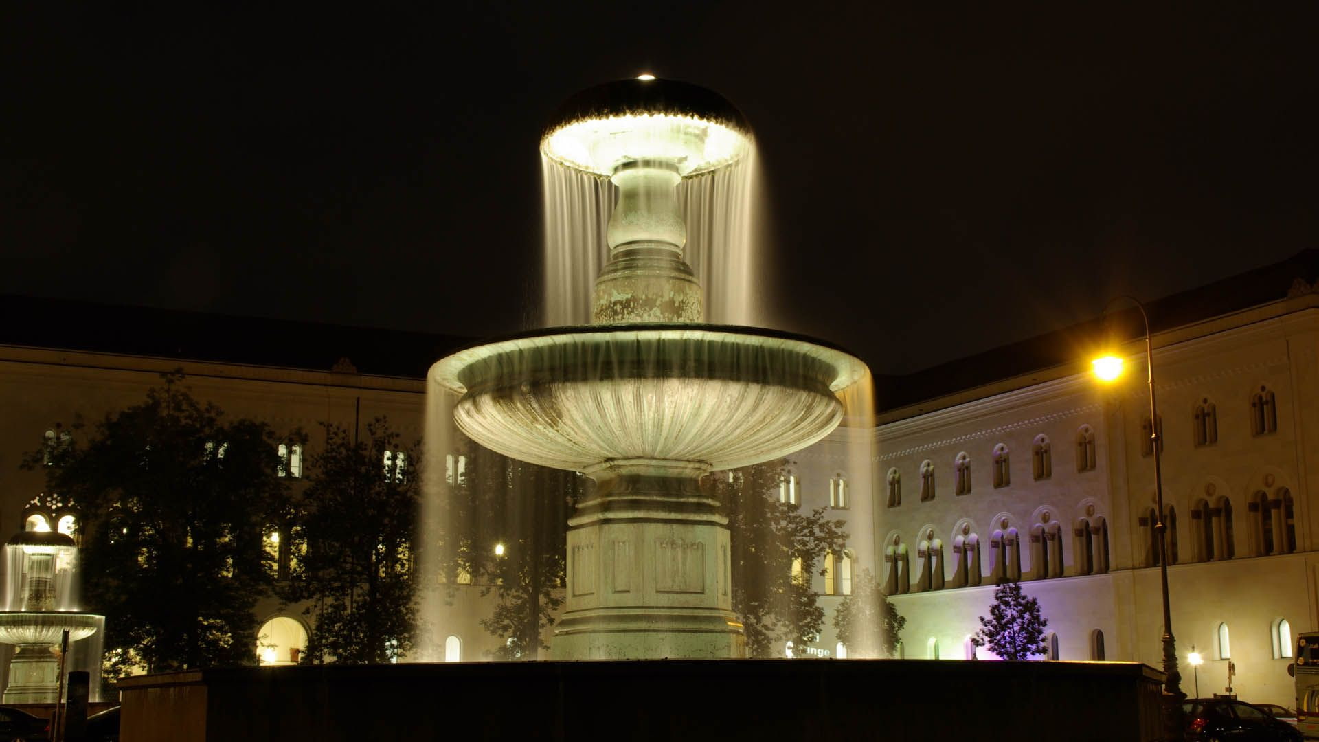 hall, fountain, hd, concrete, munich, light, night, university, gray, 1080P, HD Wallpaper