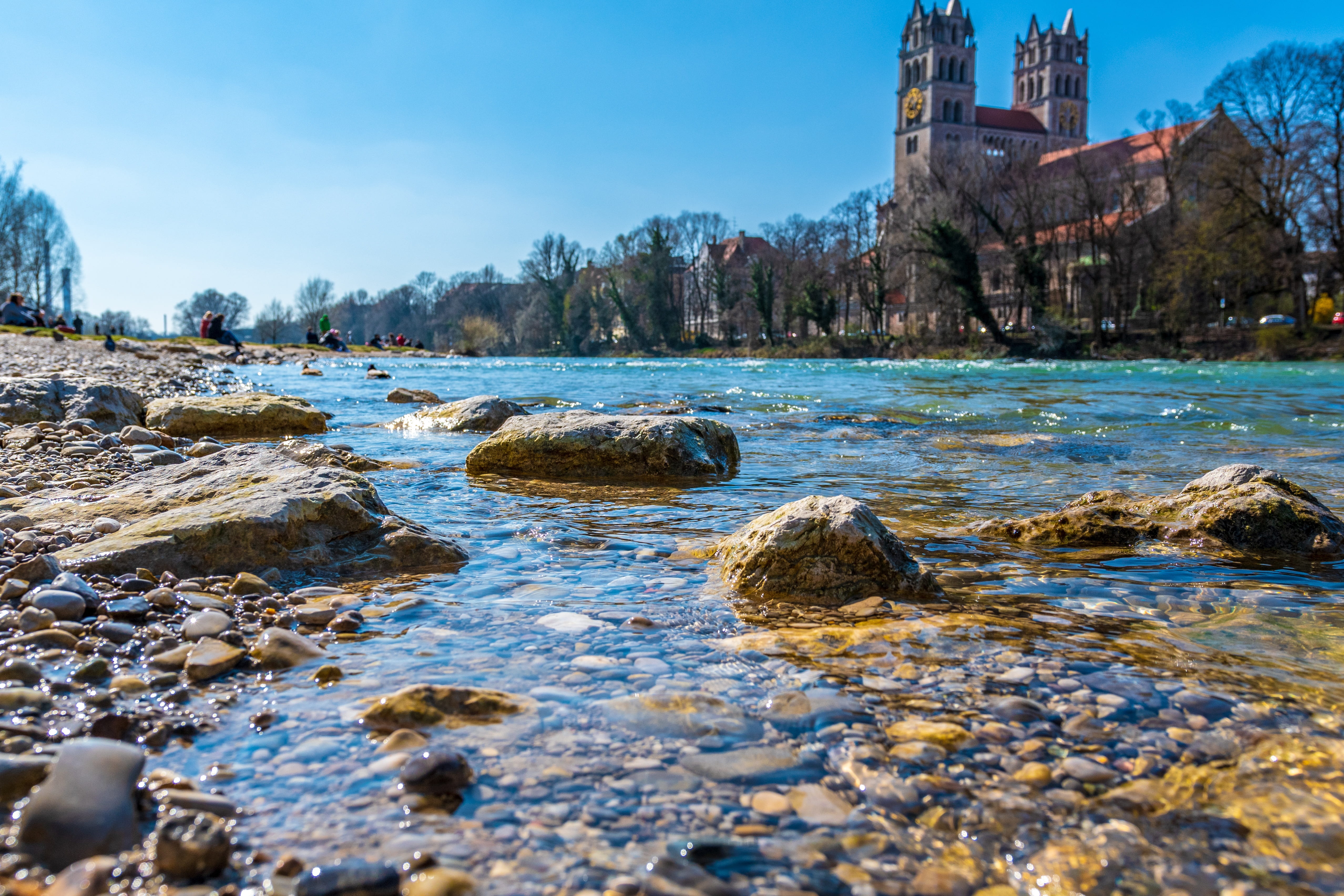 tranquility, no people, water, rock, built structure, flowing, solid, waterfront, bavaria, tranquil scene, architecture, nature, munich, outdoors, tree, HD Wallpaper