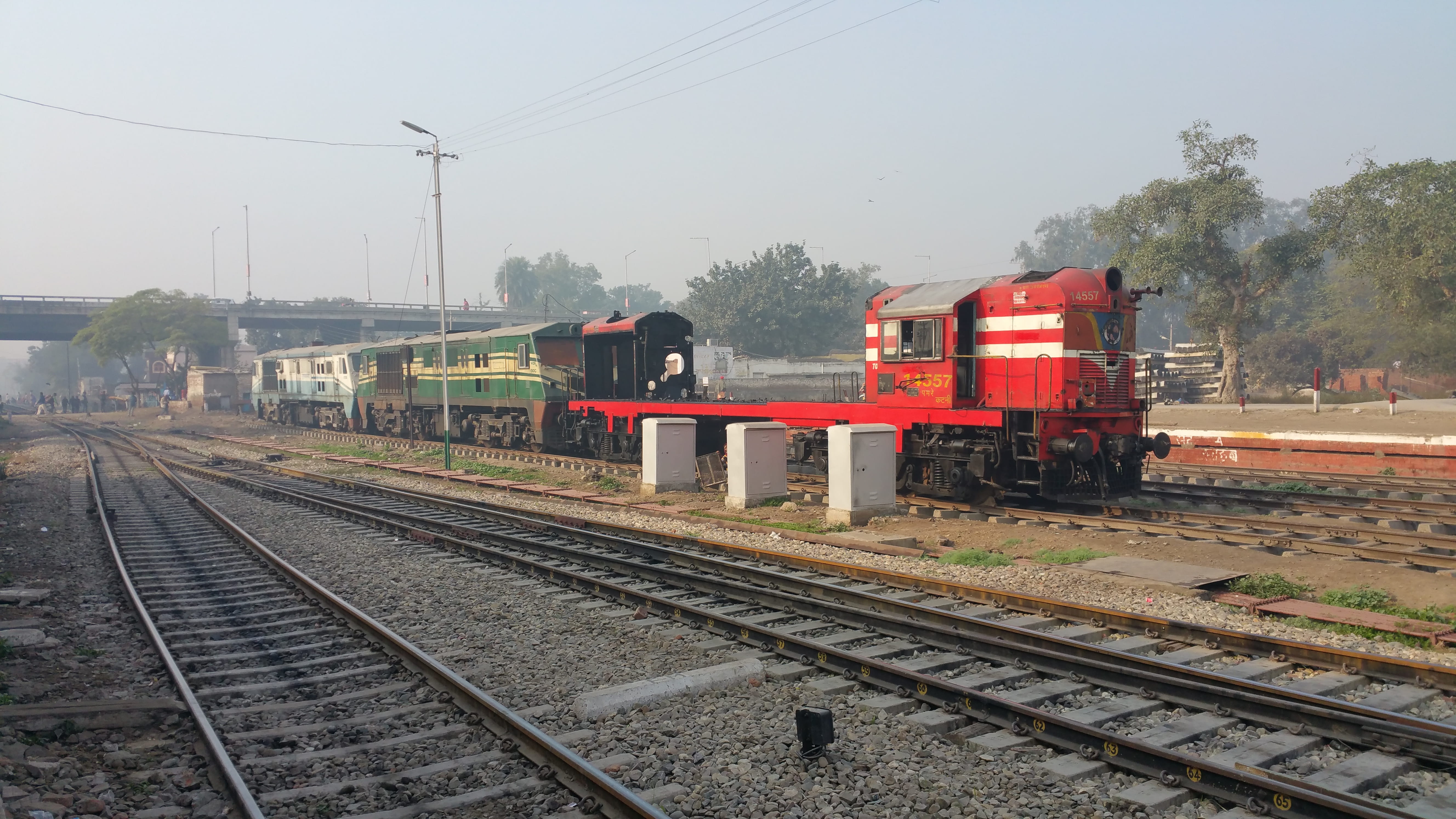 travel, electricity pylon, railroad station platform, kte, train, train - vehicle, public transportation, day, nature, sky, india, 5K, no people, patiala, HD Wallpaper