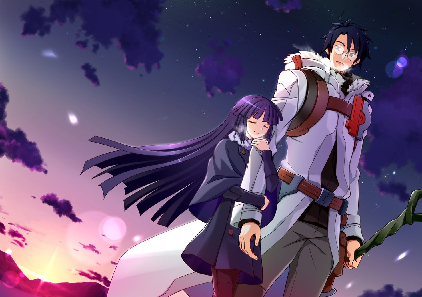 purple, horizon, staff, 720P, masato, long, shiroe, glasses, ike, sky, short, blue, hair, log, clouds, akatsuki, HD Wallpaper