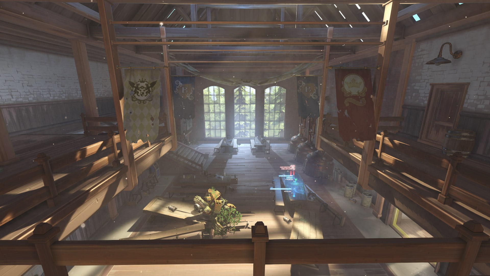 day, ceiling, window, bench, indoors, building, sunlight, EICHENWALDE (Overwatch), wood, architecture, absence, empty, abandoned, table, wood - material, HD Wallpaper