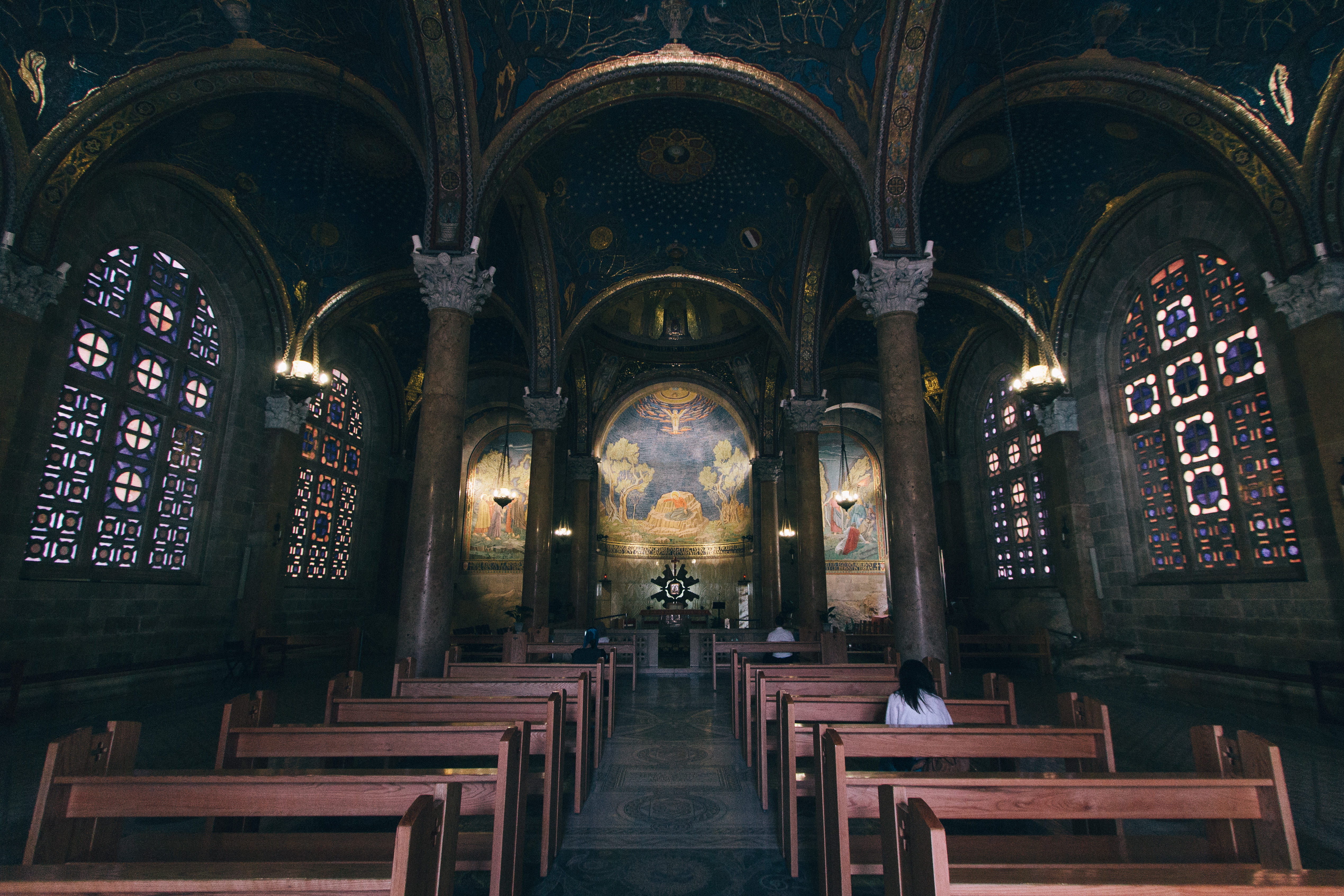 bench, spirituality, indoors, architectural column, ceiling, one, arch, dark, building, pew, person, illuminated, religion, architecture, stained glass, HD Wallpaper