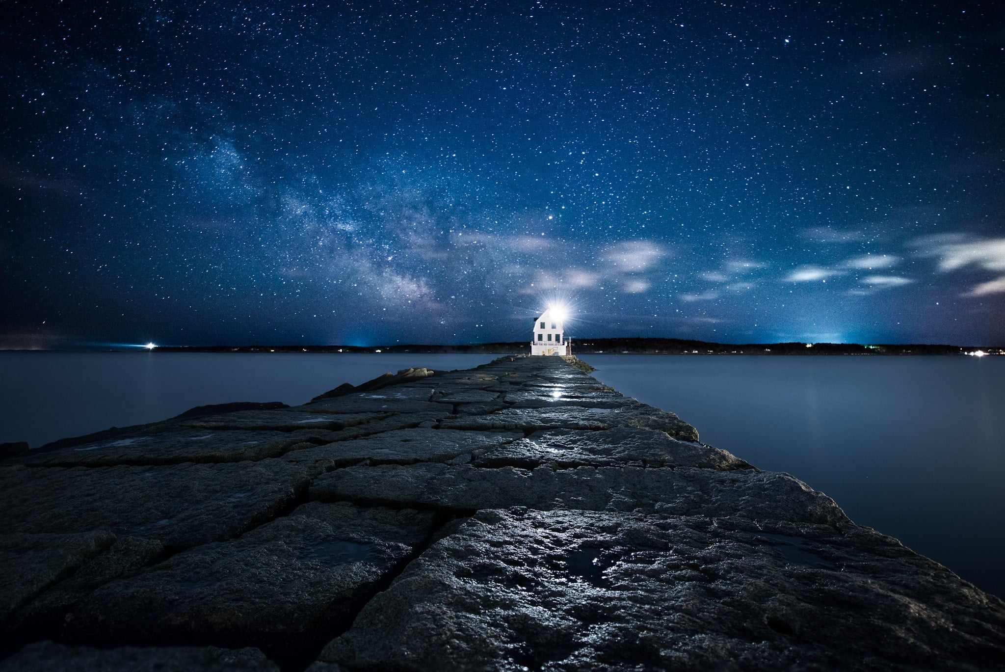 space, nature, water, lighted, solid, milky way, sea, white, rock, 1080P, star, long exposure, rock - object, star field, galaxy, star - space, astronomy, HD Wallpaper