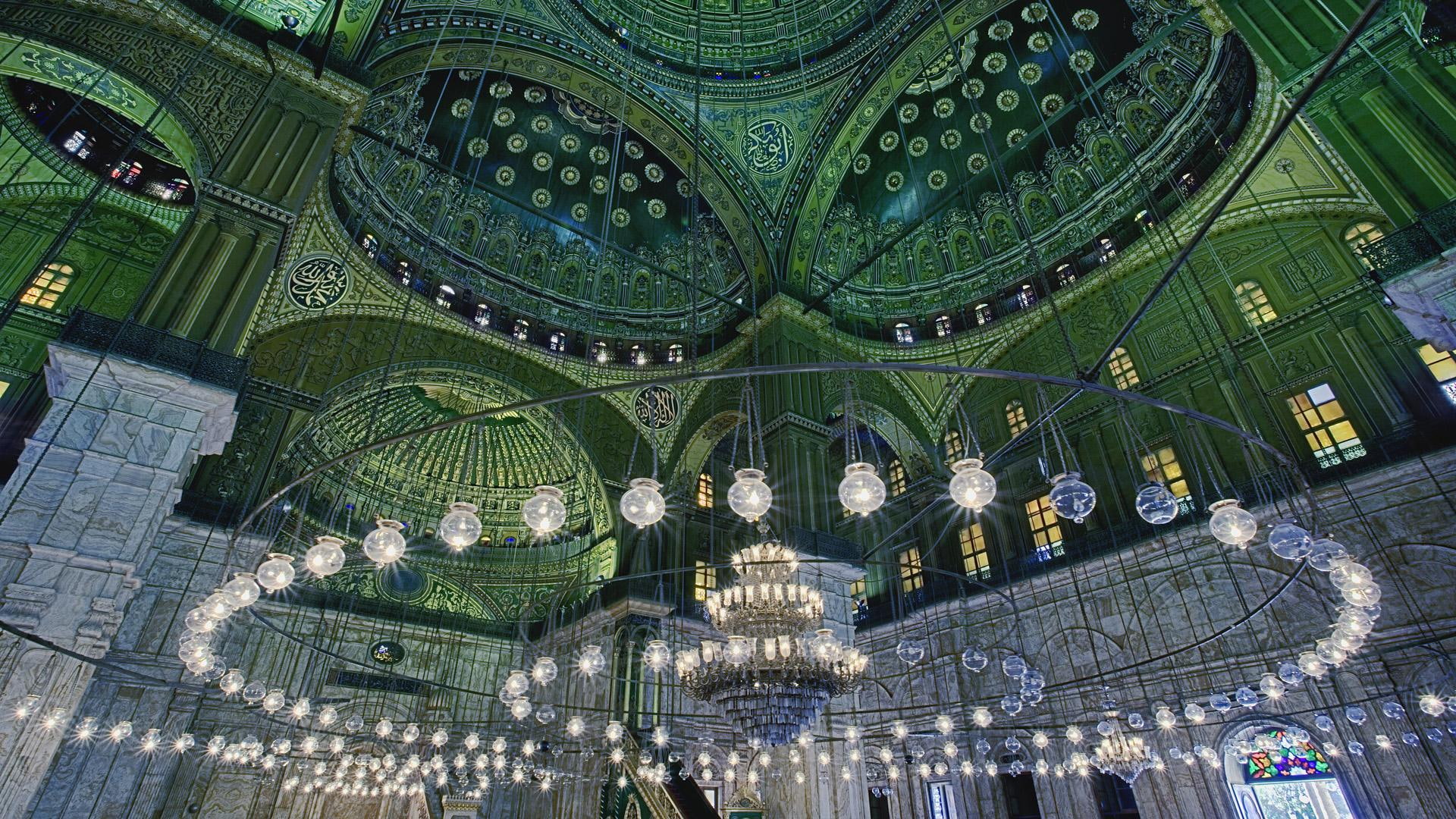 dome, chadelier, nature and landscapes, 1080P, lamp, hanging, gorgeous, photo, mosque, windows, chandelier, inside, spiral, paintings, HD Wallpaper