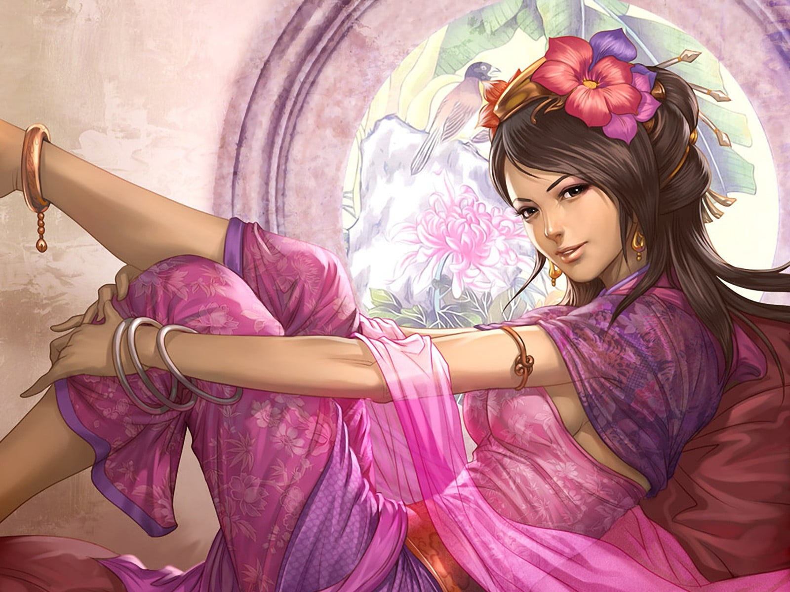 artwork, sari, flowers, women, video games, woman, style, indoors, lifestyles, cute, girls, sideboob, red, human Hair, females, teenage Girls, caucasian Ethnicity, HD Wallpaper