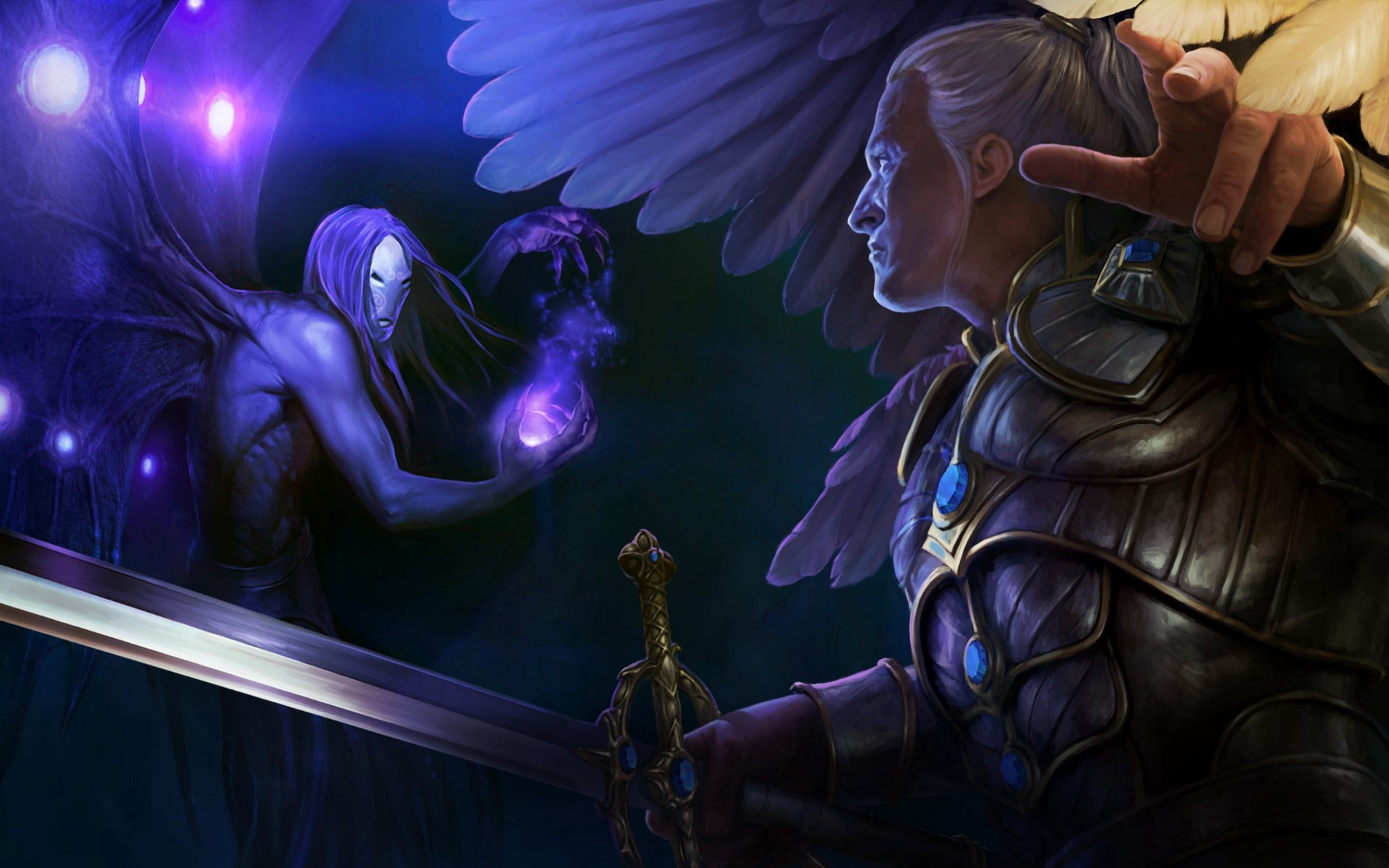 people, representation, purple, might and magic heroes, costume, men, indoors, illustration, holding, animal wildlife, sword, magic, night, statue, art and craft, HD Wallpaper