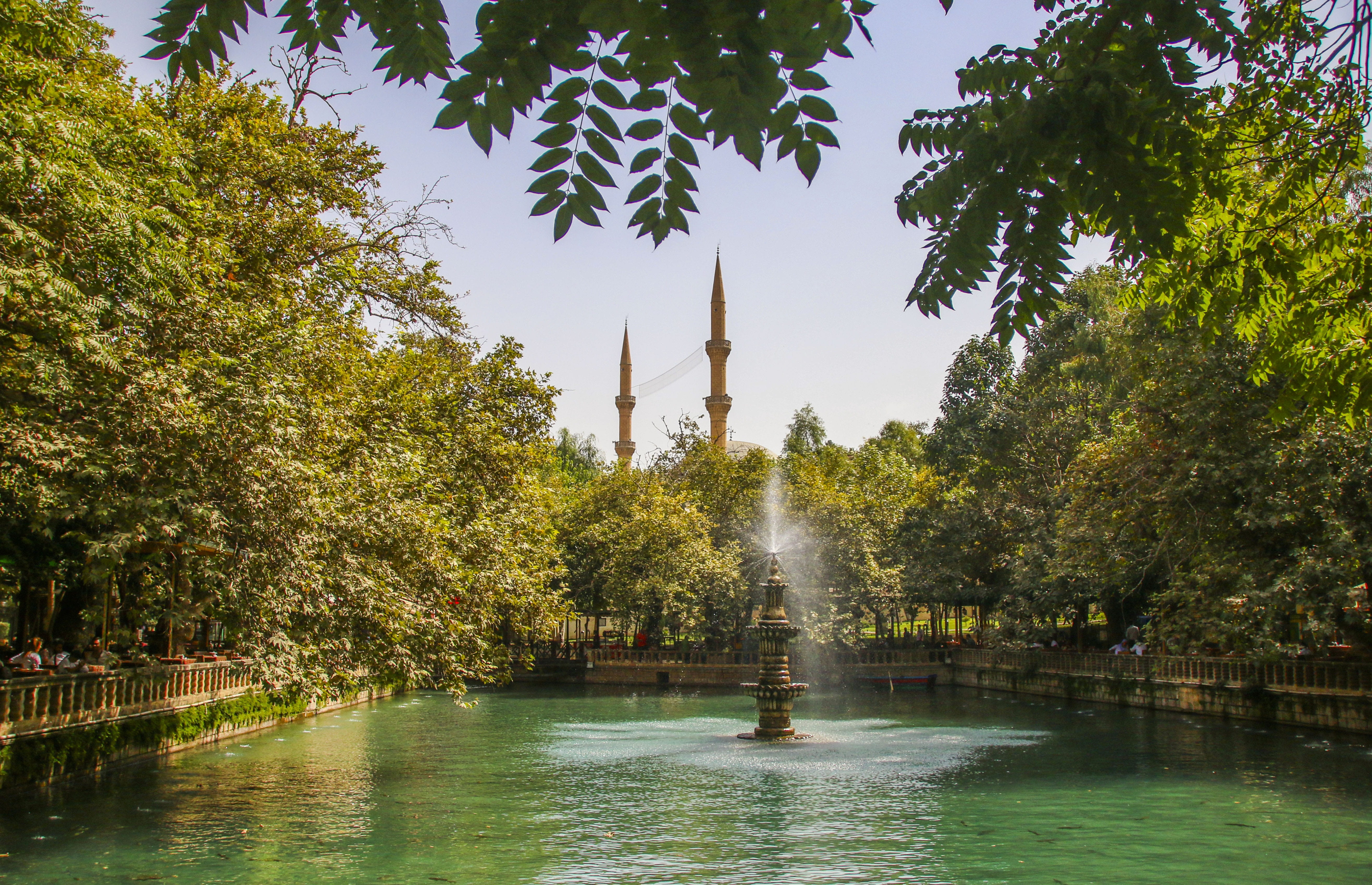landscape, architecture, pink, outdoors, blooming, spraying, day, water, river, pond, beauty in nature, scenics - nature, flowing water, urfa, sky, purple, HD Wallpaper