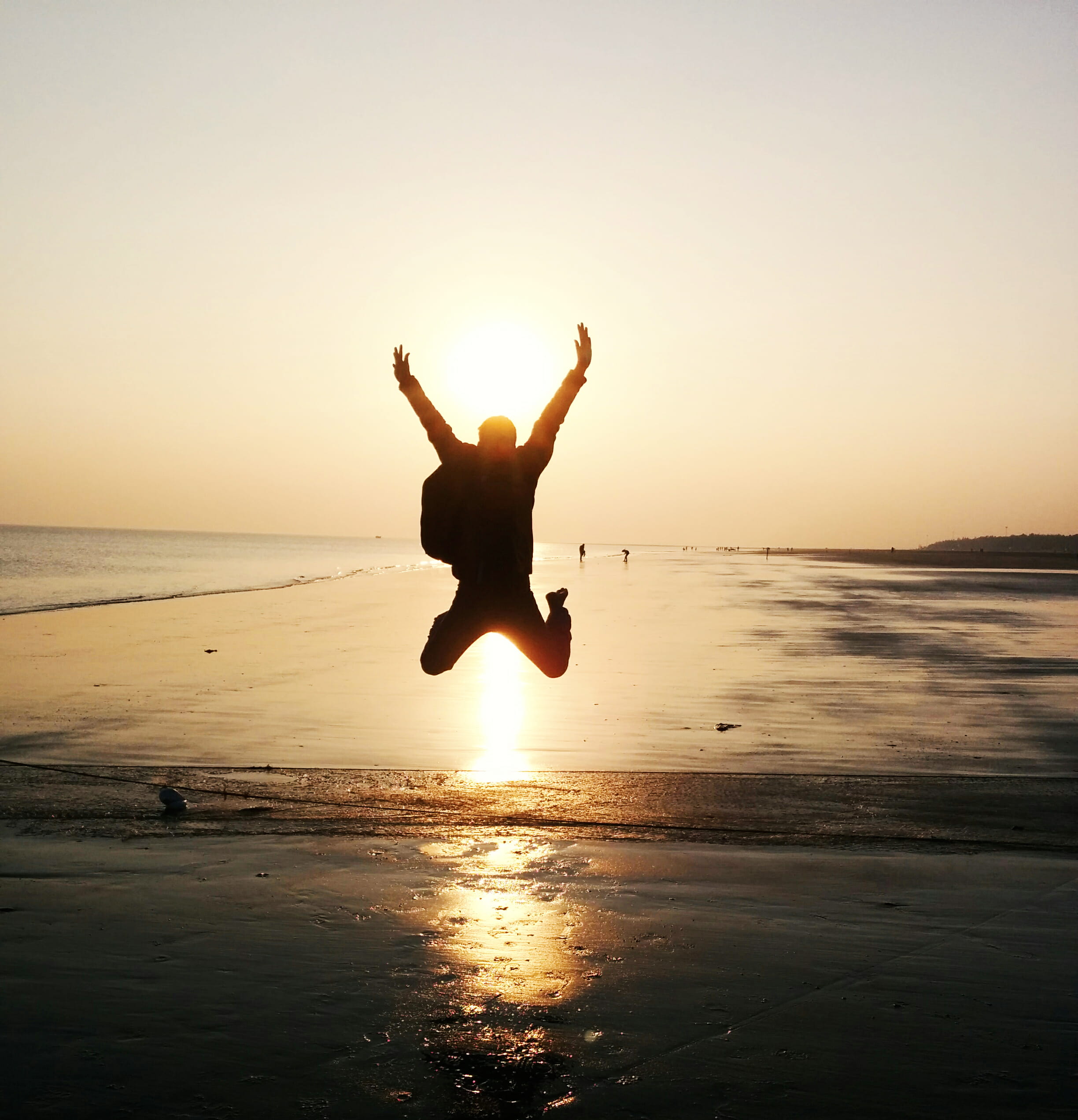 twilight, water, one person, outdoors, sky, people, silhouette, positive emotion, jumping, sunset, beach, freedom, india, excitement, 1080P, arms raised, Phone HD Wallpaper