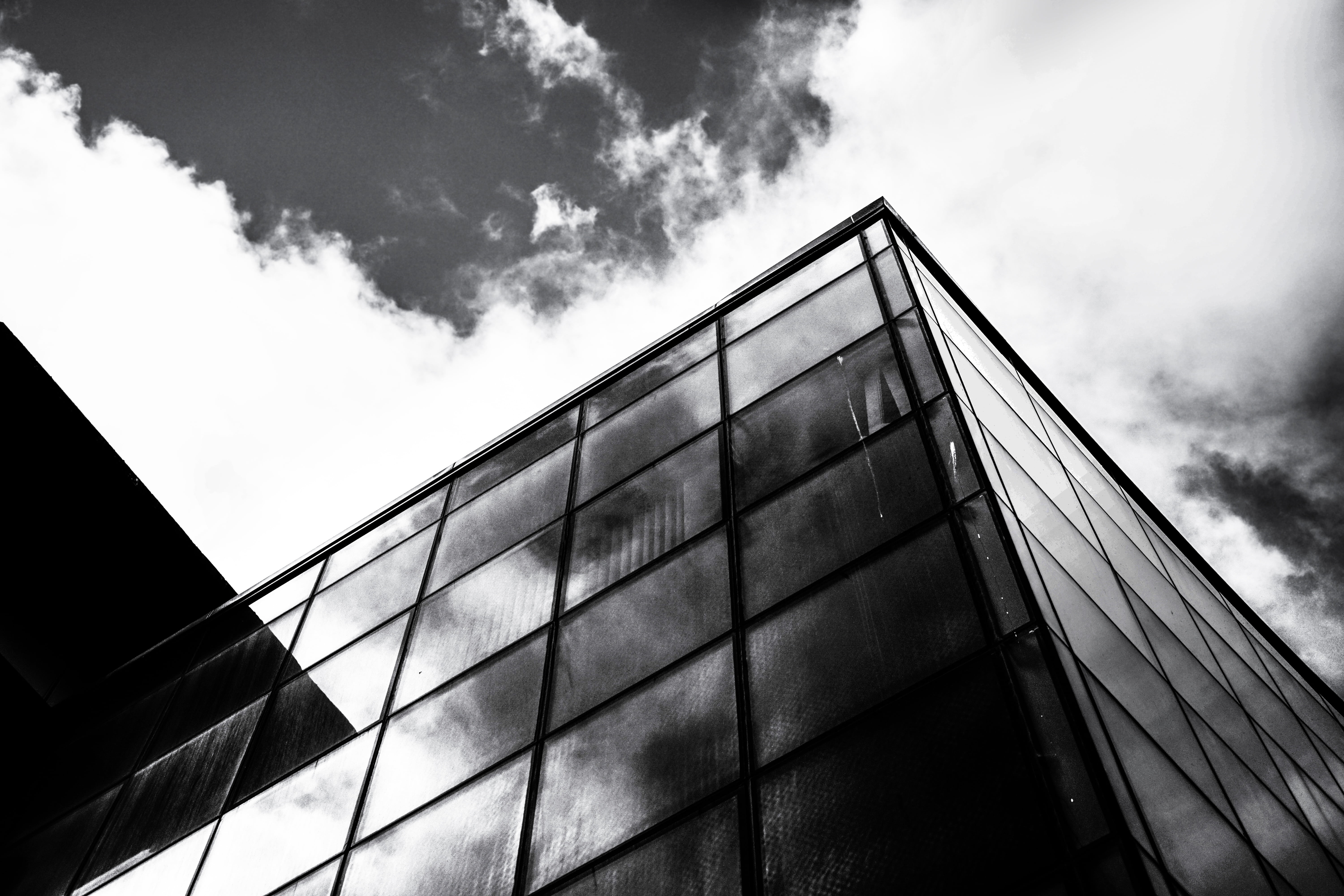 glass, low angle view, glass - material, city, clouds, modern, sky, building, site, cloud - sky, outdoors, architecture, sun, ireland, nature, day, business, HD Wallpaper