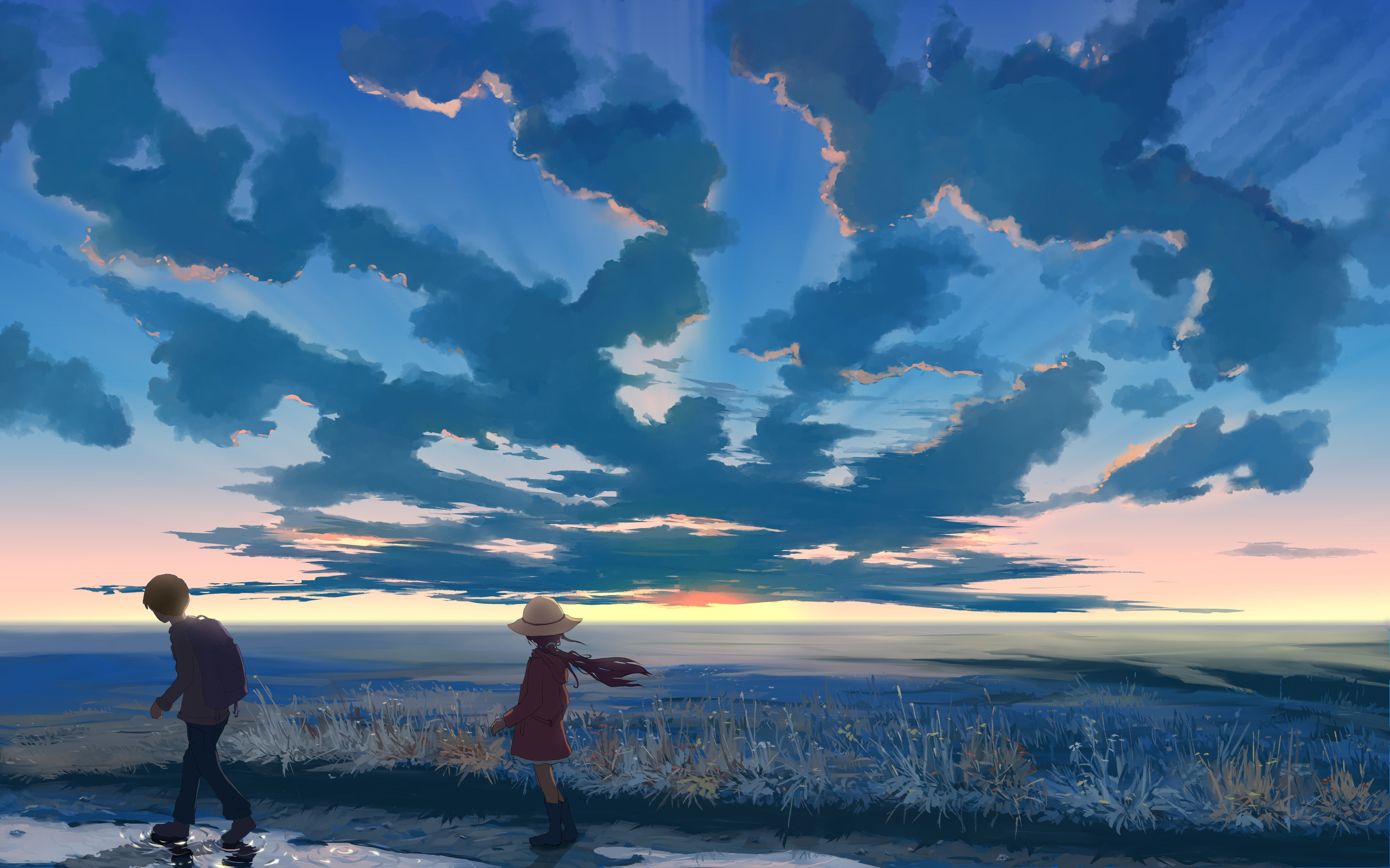 4K, water, little girl, sky, little boy, HD Wallpaper