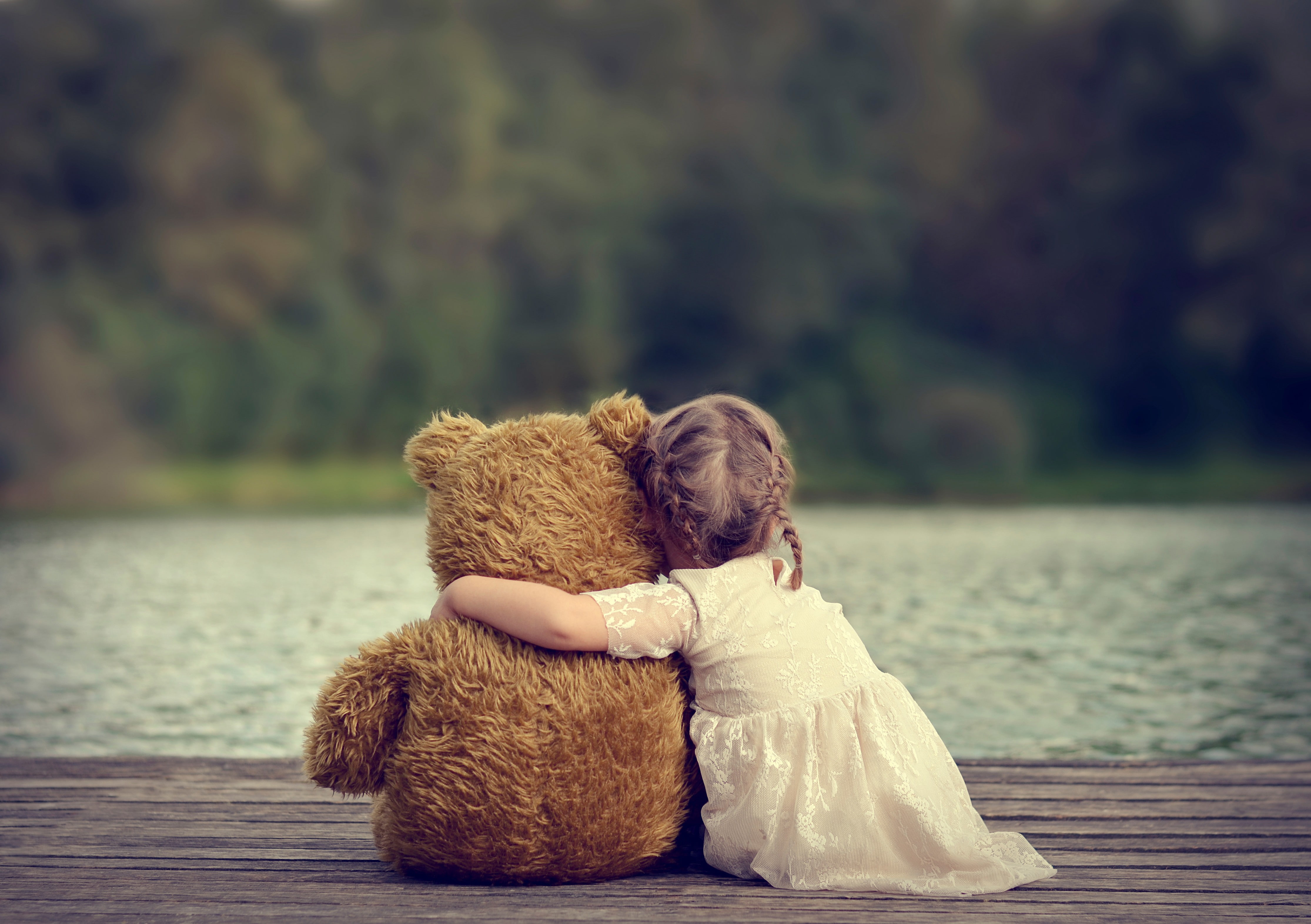 4K, children, little girl, teddy bears, HD Wallpaper