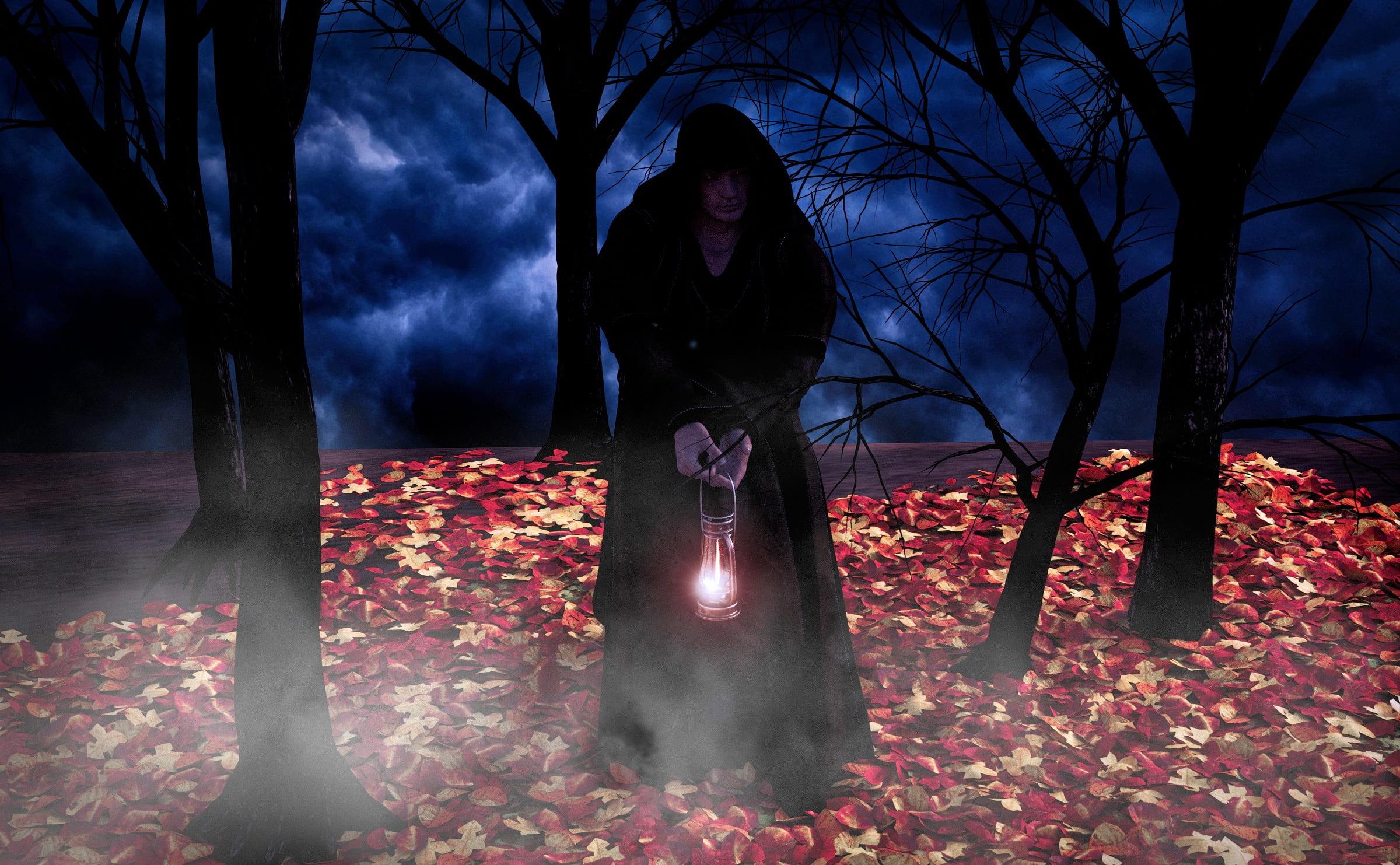 cape, tree, 1080P, full length, contemplation, leaf, outdoors, photo, habit, person, night, lantern, black, monk, plant part, forest, one person, plant, HD Wallpaper