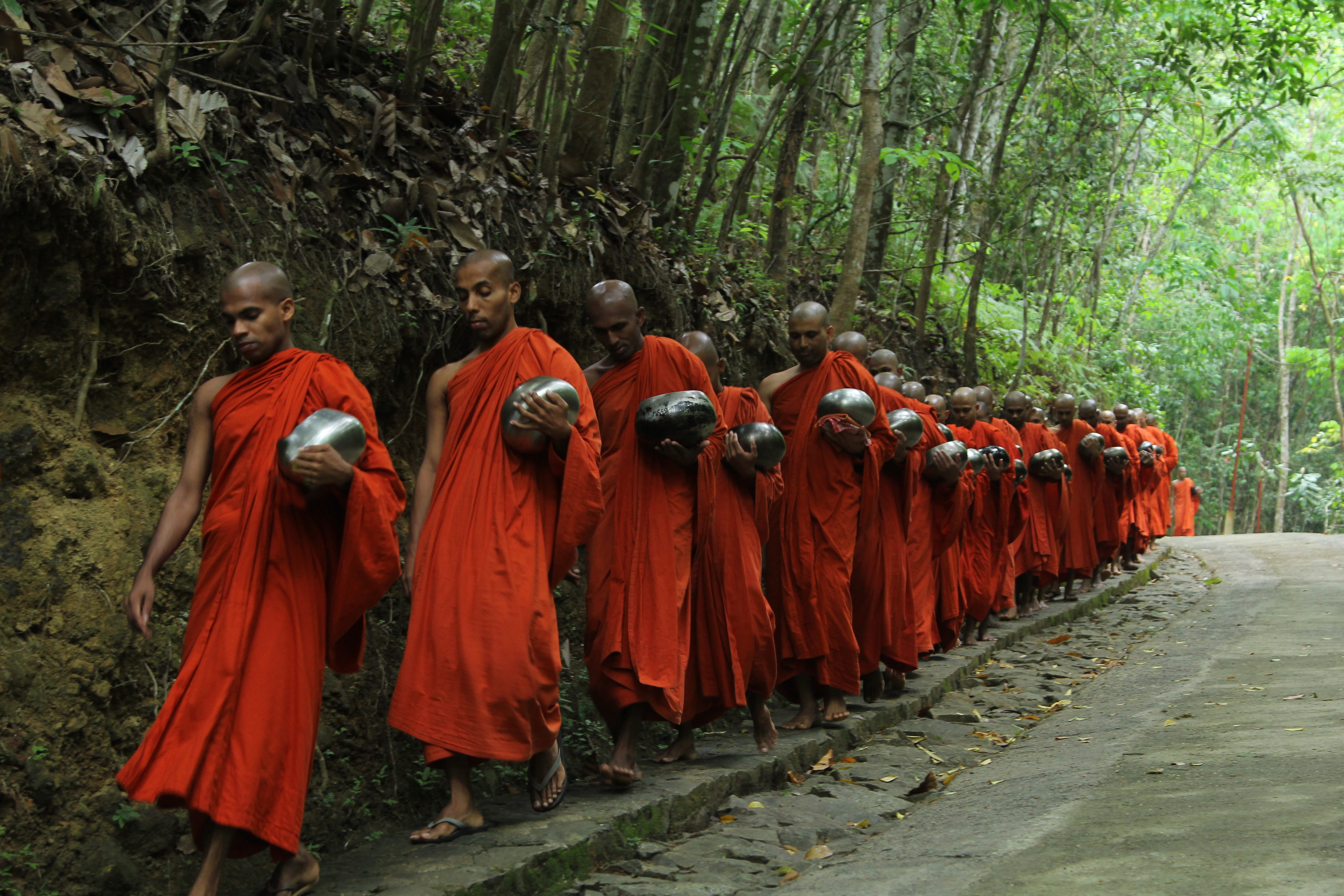 Asian, 5K, daylight, road, buddhist, sidewalk, traditional clothing, group of people, religion, outdoors, asia, line, environment, Buddhism, people, belief, HD Wallpaper