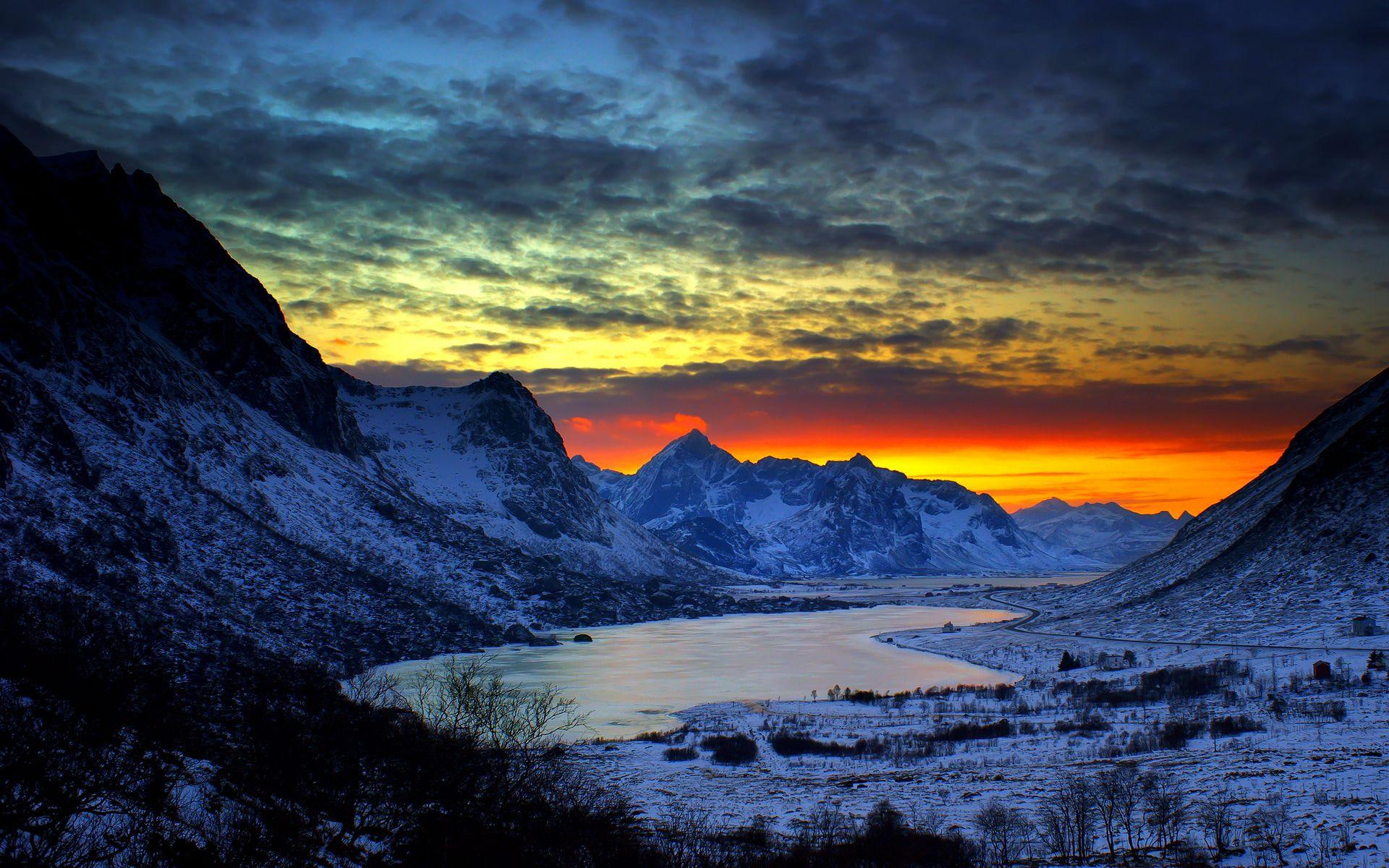nature and landscapes, winter, lake, white, 1080P, mountains, mountain, exquisiteness, sunset, nature, HD Wallpaper