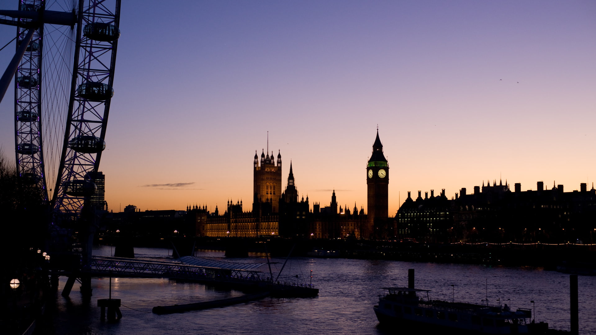 silhouette, hd, ben, big, shadow, london, sunset, wheel, ocean, ferris, 1080P, cityscape, HD Wallpaper