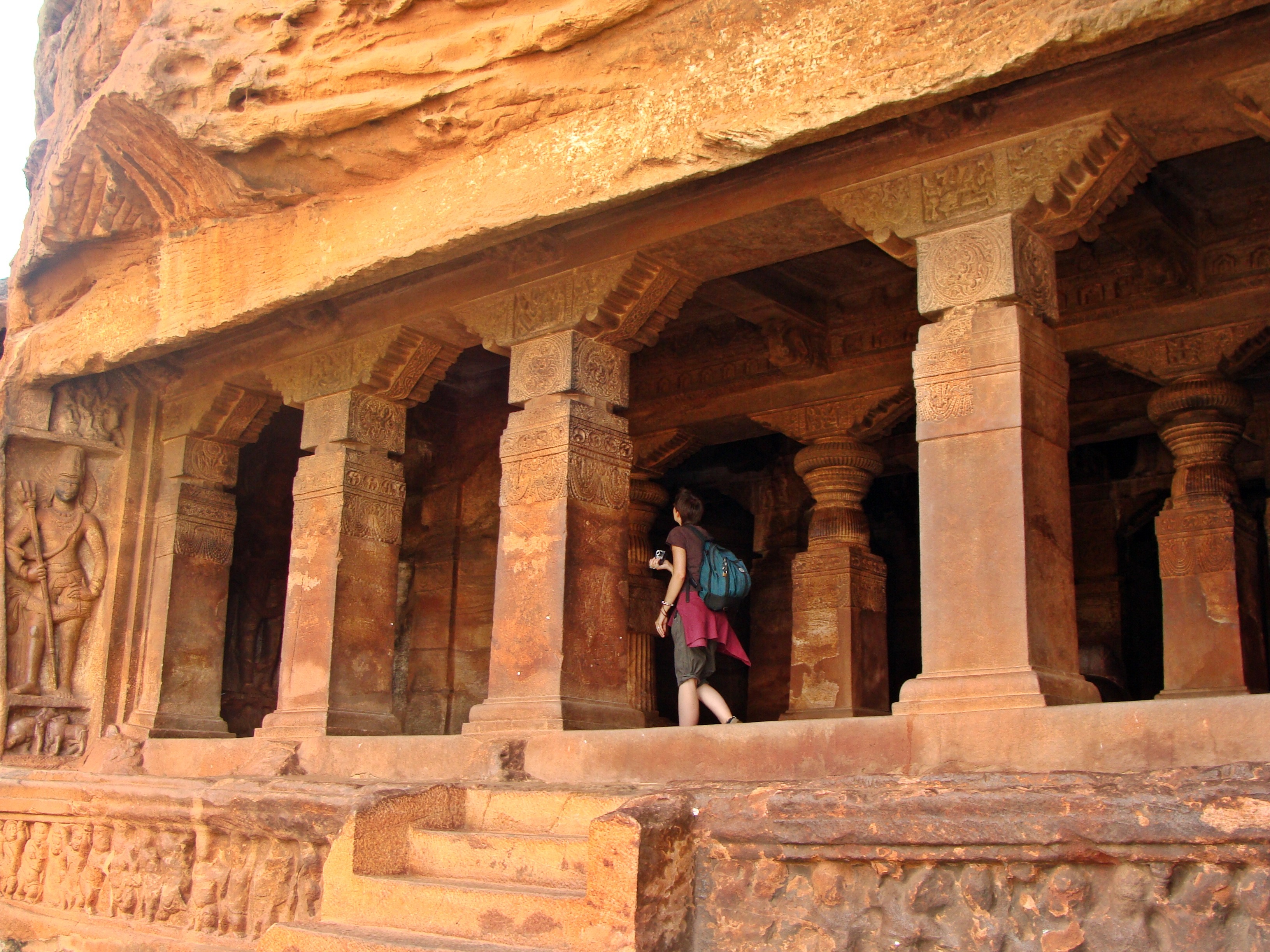 sunlight, one person, ancient, outdoors, cave temples, building, travel, built structure, india, front view, architectural column, badami, archaeology, HD Wallpaper