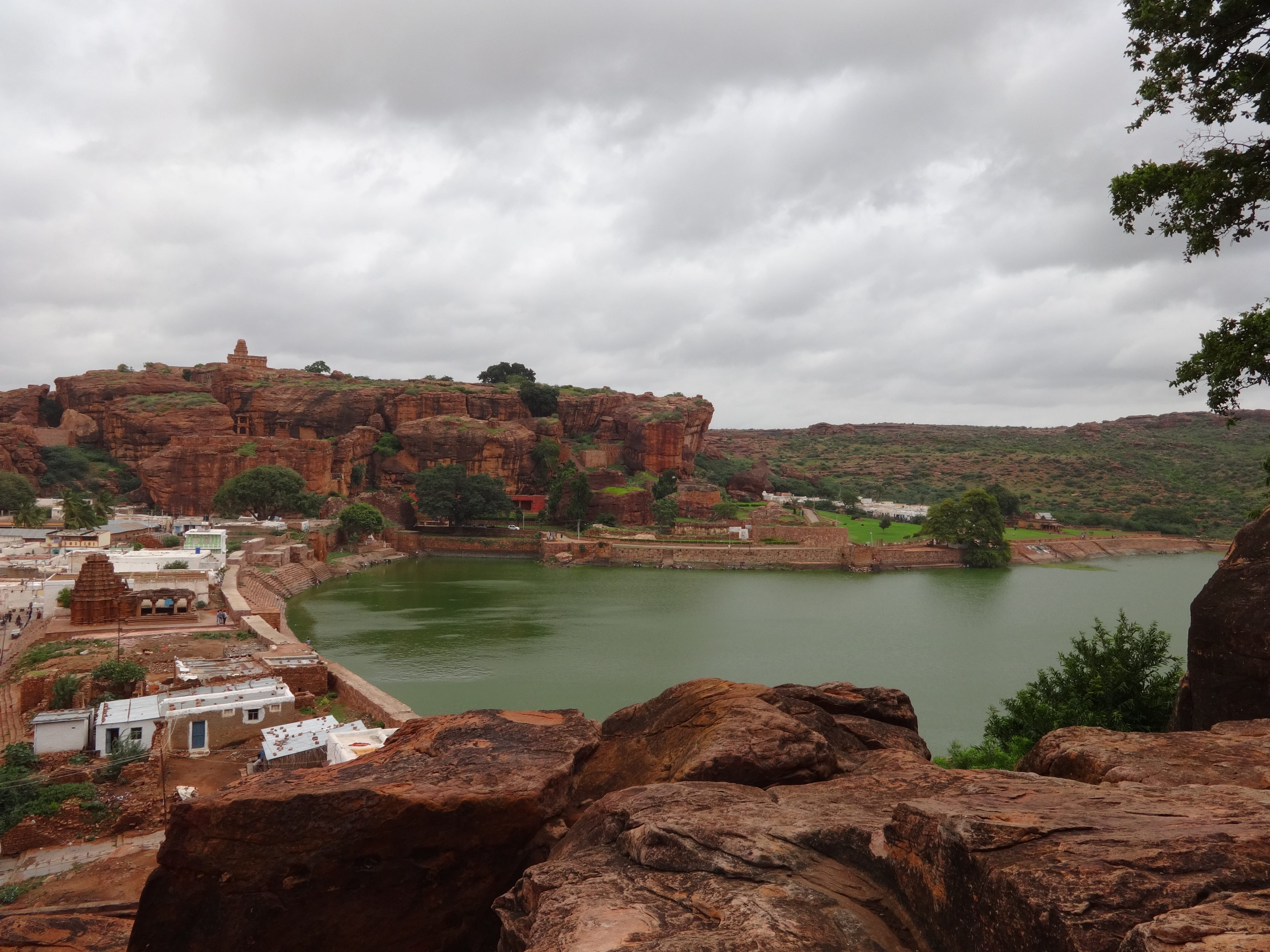 sky, rock, hills, day, architecture, built structure, nature, agasthya lake, overcast, karnataka, badami, rock - object, scenics - nature, temple pond, HD Wallpaper