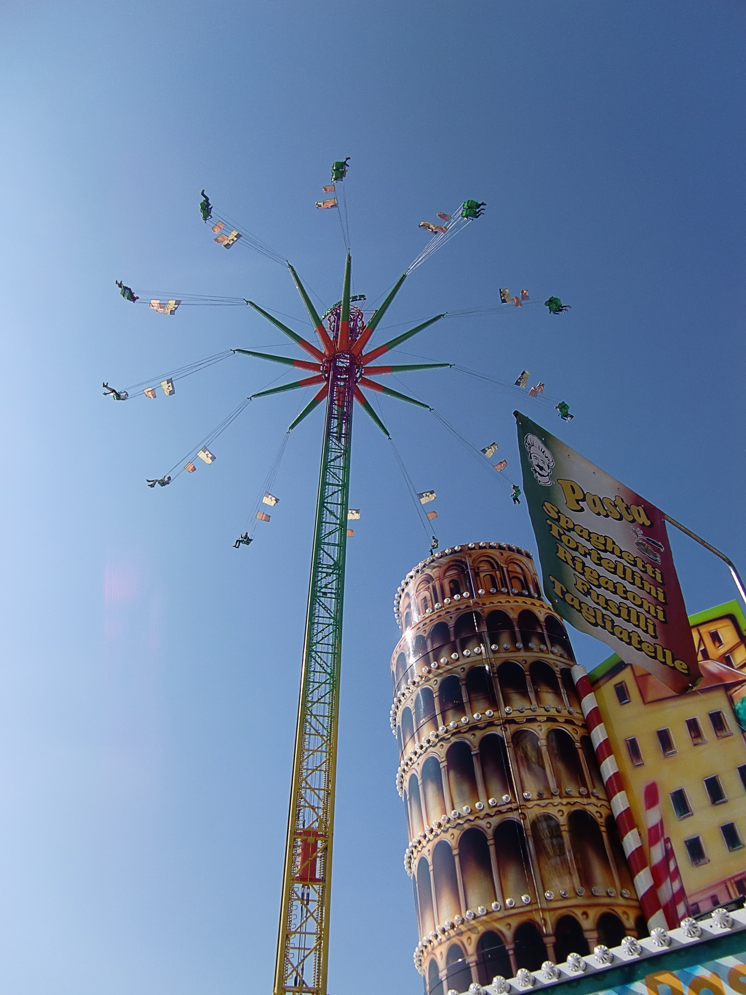 skyscraper, nature, sky, architecture, oktoberfest, leaning tower, ride, fairground, blue, building exterior, low angle view, travel destinations, chain carousel, Phone HD Wallpaper