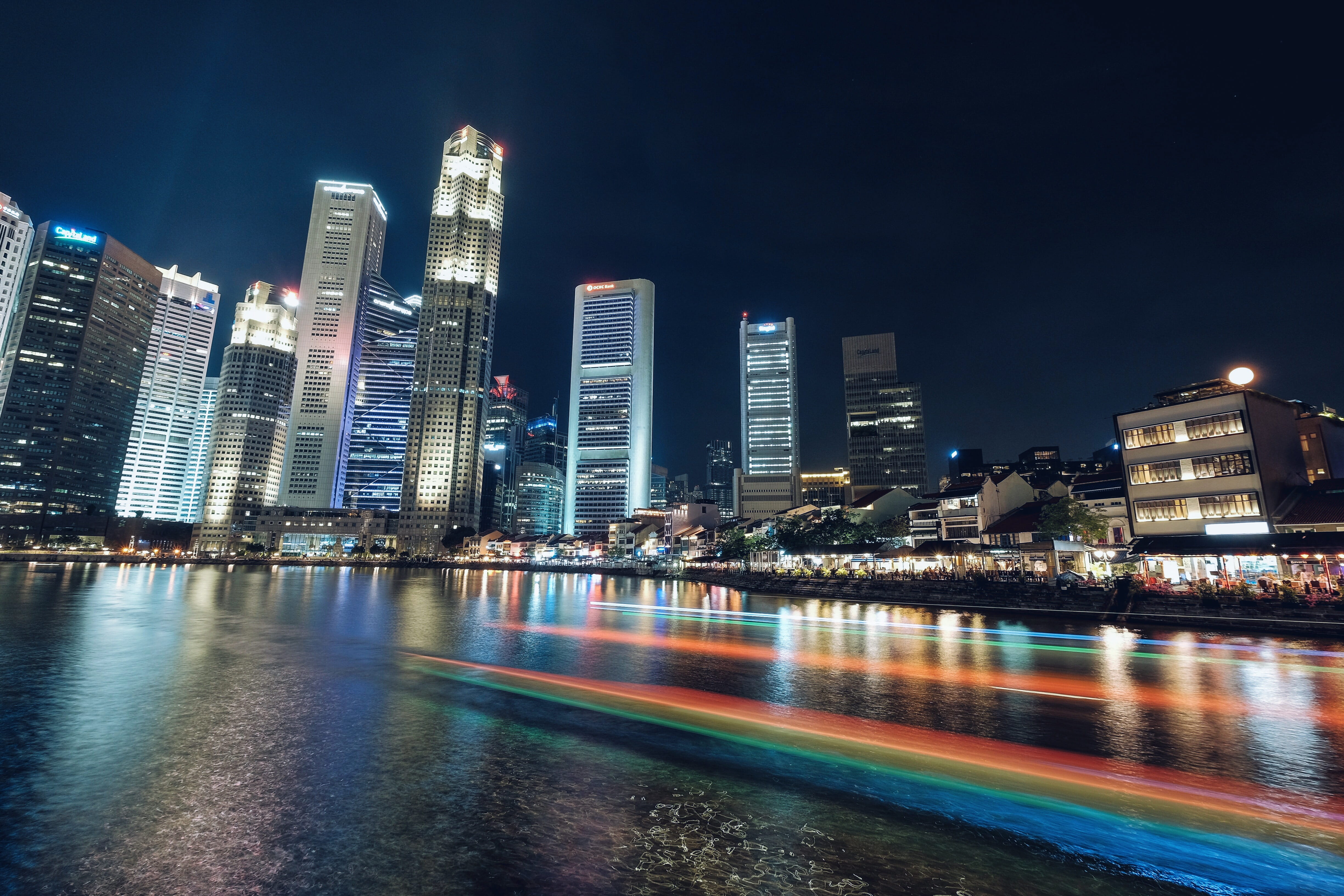 financial district, 4K, night, motion, built structure, singapore, modern, illuminated, building exterior, outdoors, night view, cityscape, long exposure, HD Wallpaper
