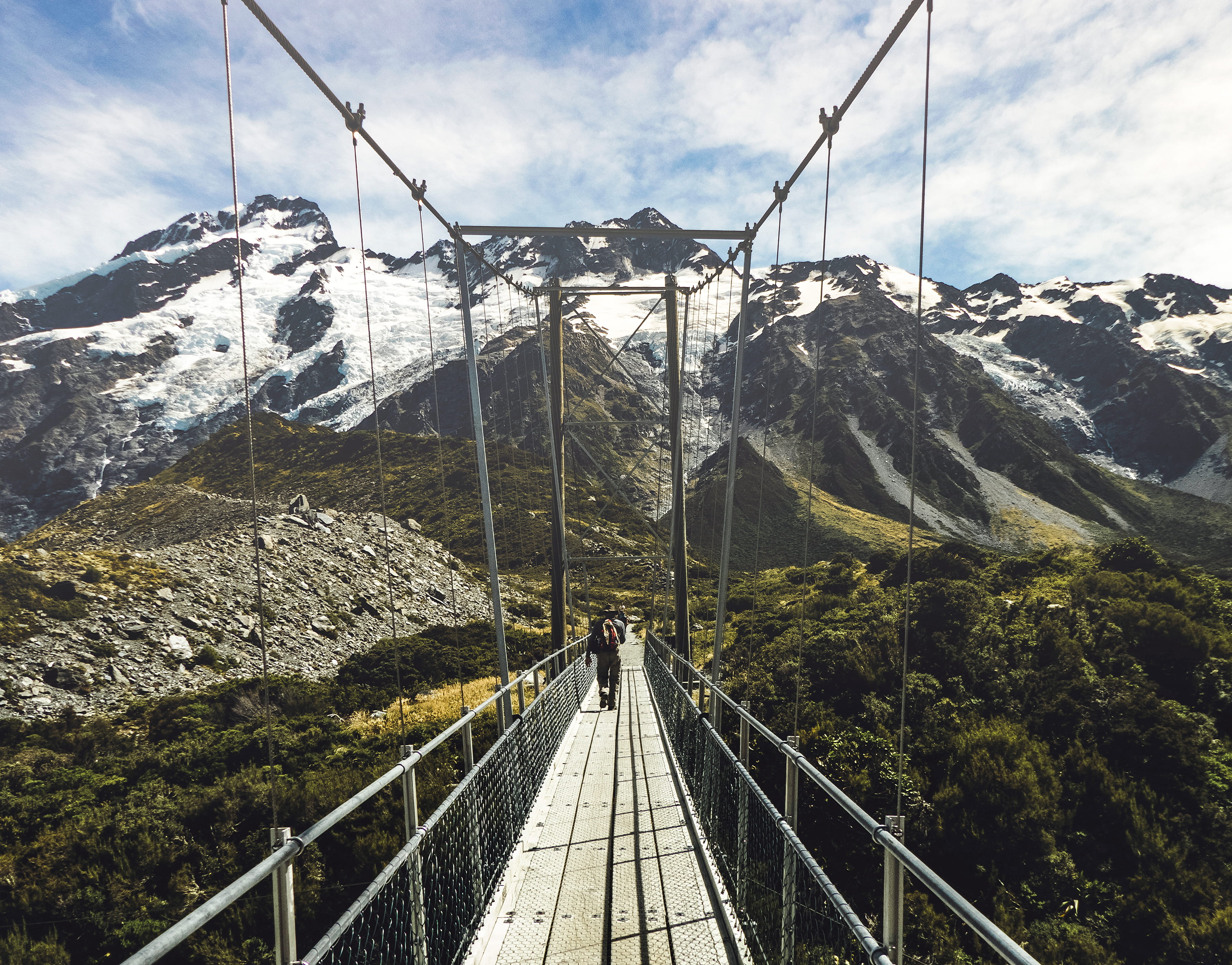 bridge, footbridge, green, built structure, the way forward, sky, scenics - nature, mountain, 2K, grandeur, railing, cloud - sky, across, nature, sunny, HD Wallpaper