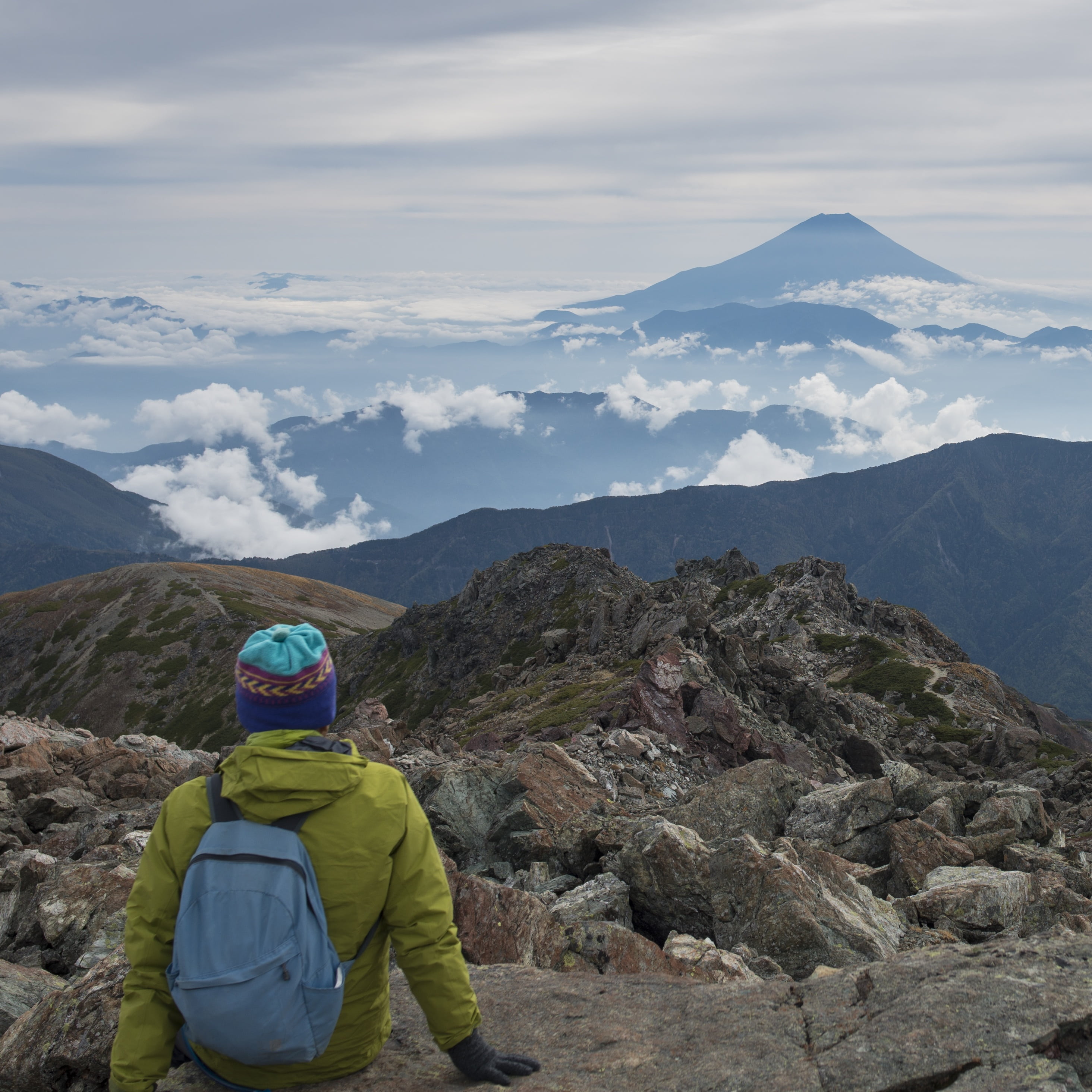 rear view, 2K, distant view, real people, warm clothing, mt fuji, people, one person, hiking, adventure, october, grandeur, non-urban scene, mountain, Phone HD Wallpaper