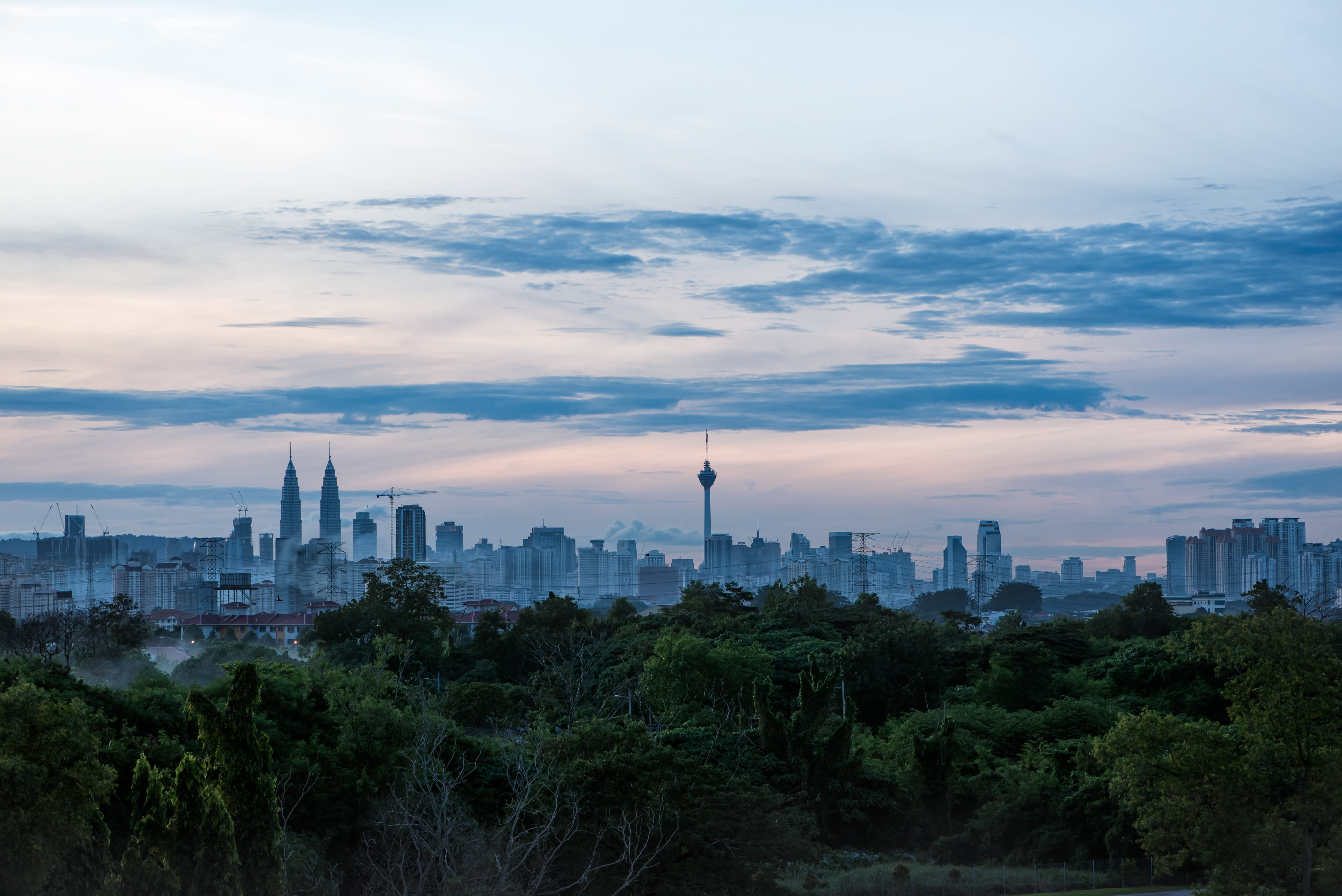 tower, city, skyscraper, building exterior, forest, office building exterior, urban skyline, trees, malaysia, architecture, travel destinations, tall - high, HD Wallpaper
