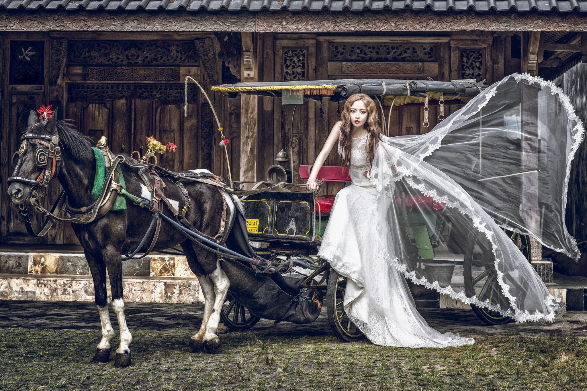 girl, Asian, wagon, 1080P, the bride, nag, horse, dress, HD Wallpaper